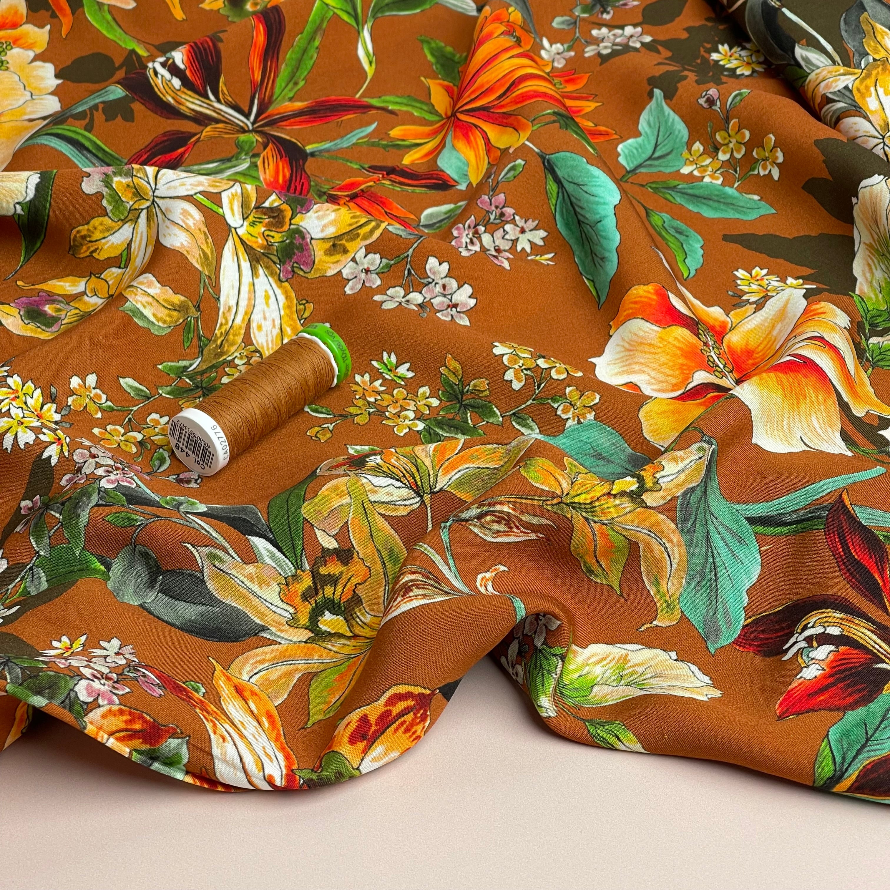 Watercolour Tropics on Appricot Viscose Poplin Fabric