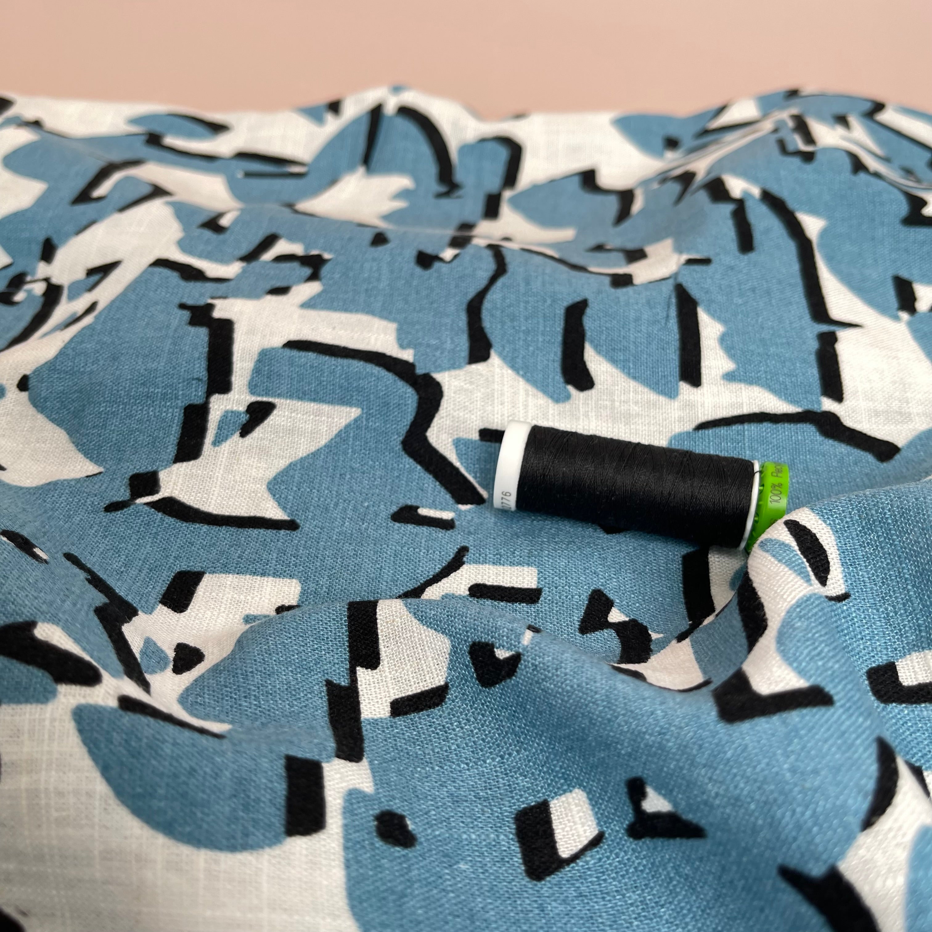 REMNANT 0.37 Metres (with faded patch) - Shapes Blue Linen Viscose Blend Fabric