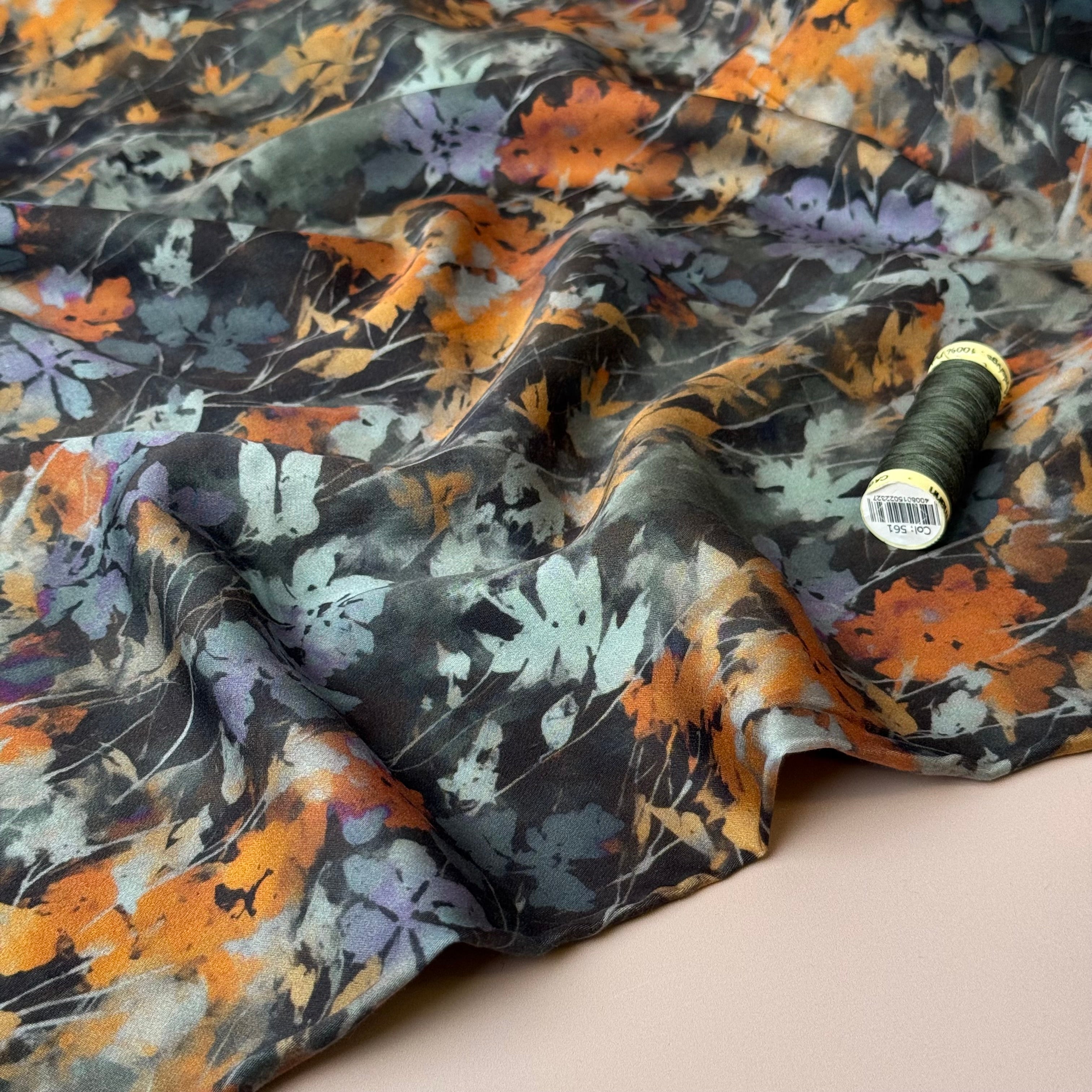 Hazy Autumn Flowers Dark Viscose Sateen Fabric