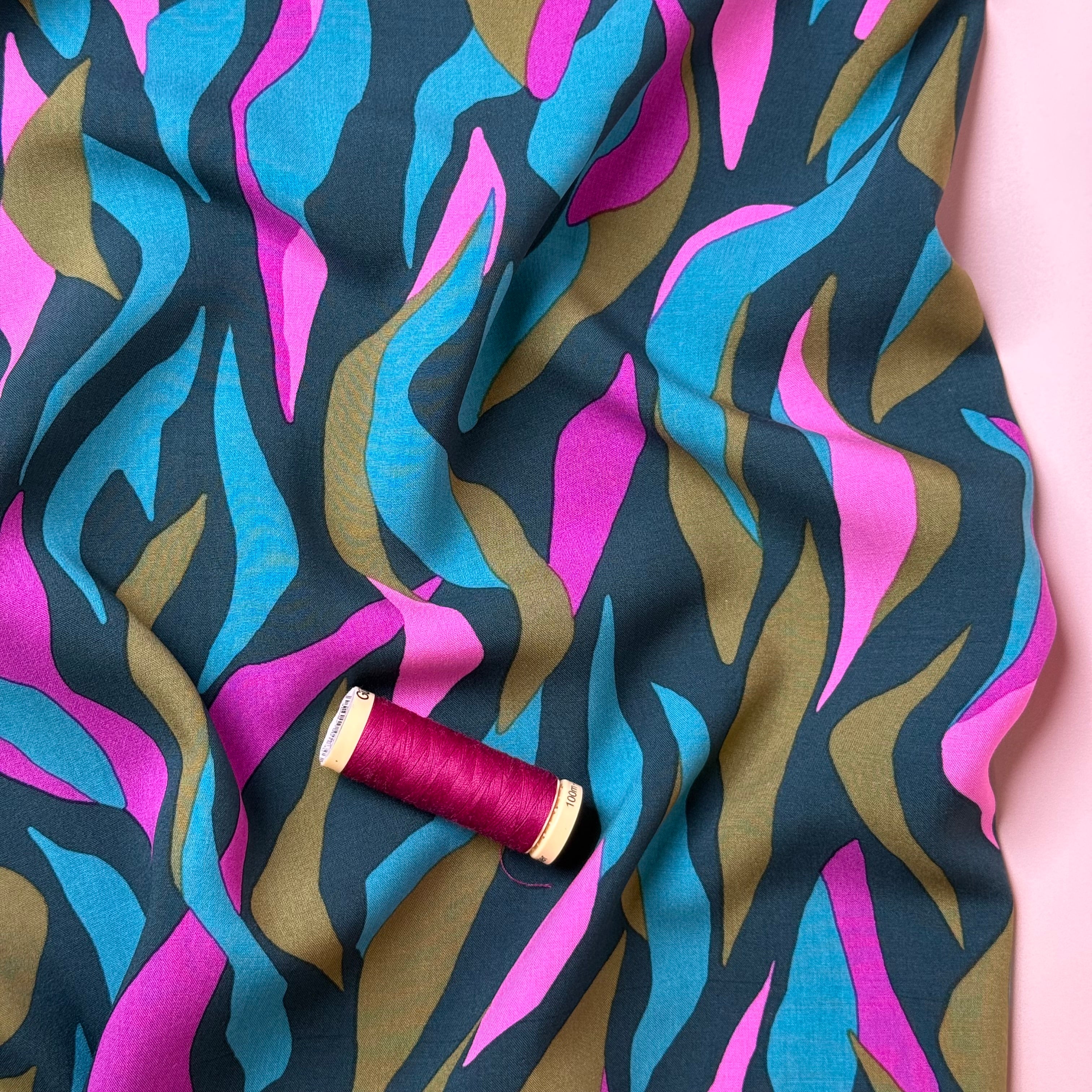 Abstract Waves Teal LENZING™ ECOVERO™ Viscose Fabric