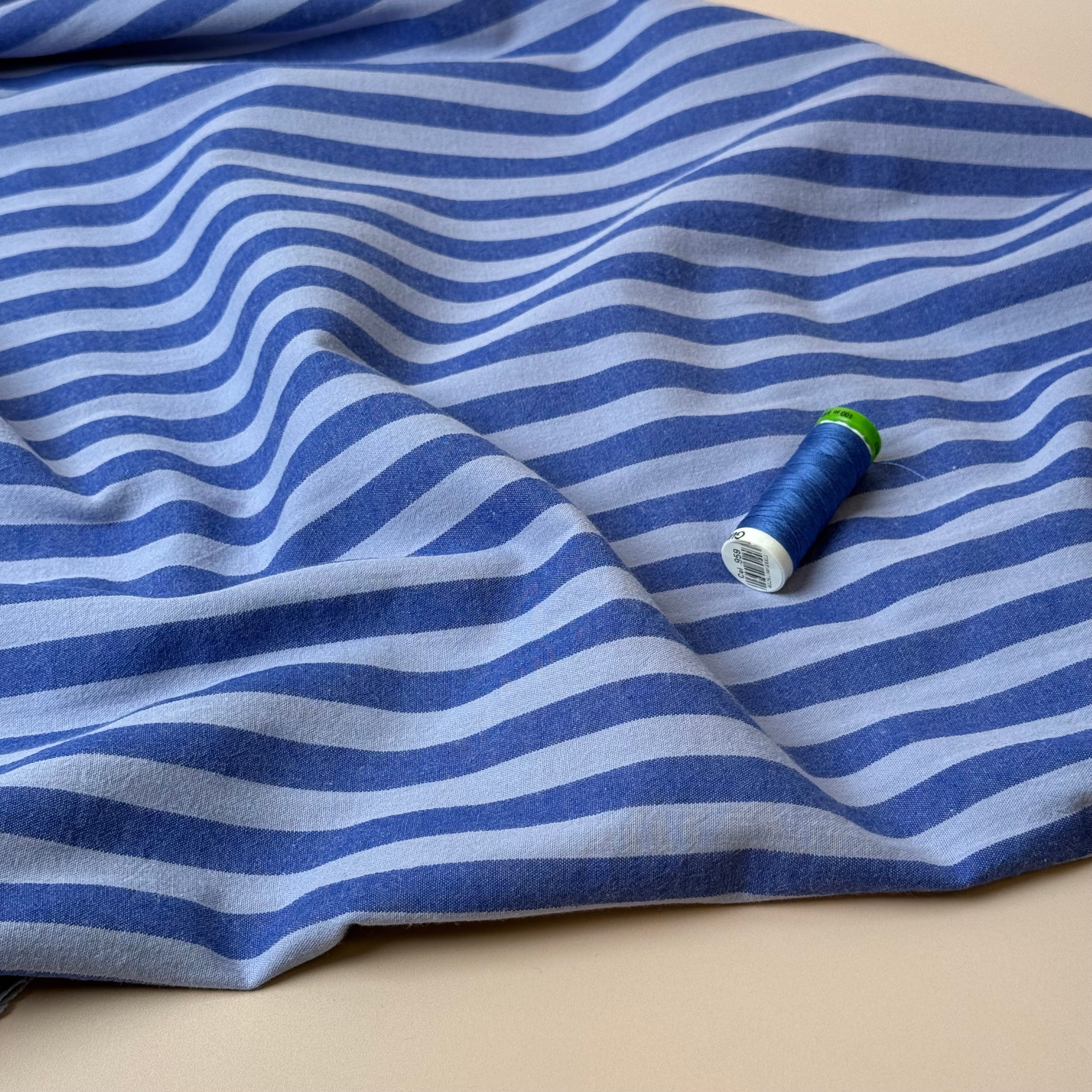 Yarn Dyed Periwinkle Stripes Washed Cotton Fabric