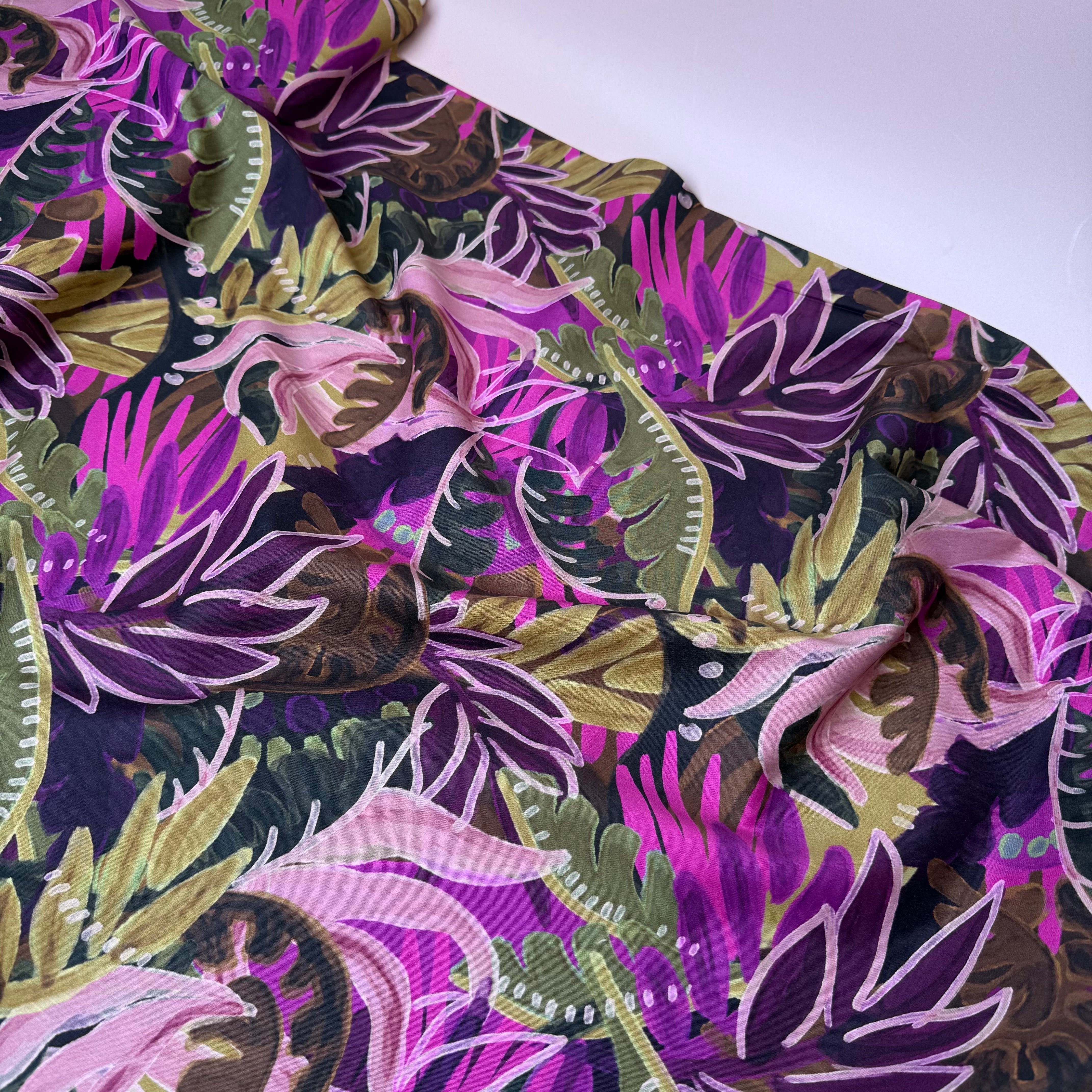 Tropical Foliage Magenta Cotton Viscose Fabric
