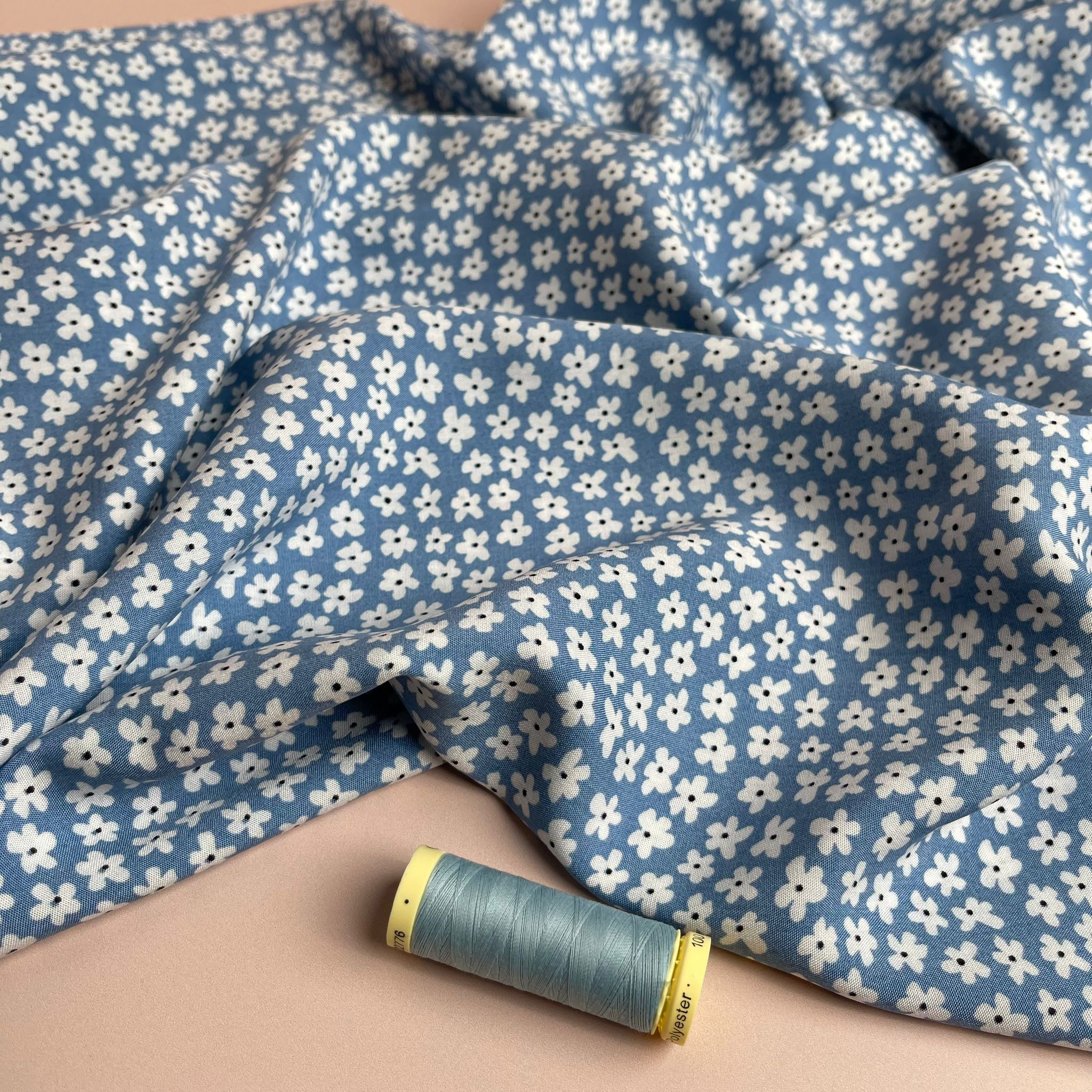 REMNANT 1.2 Metres - Small Flowers Light Blue Viscose / Rayon Fabric