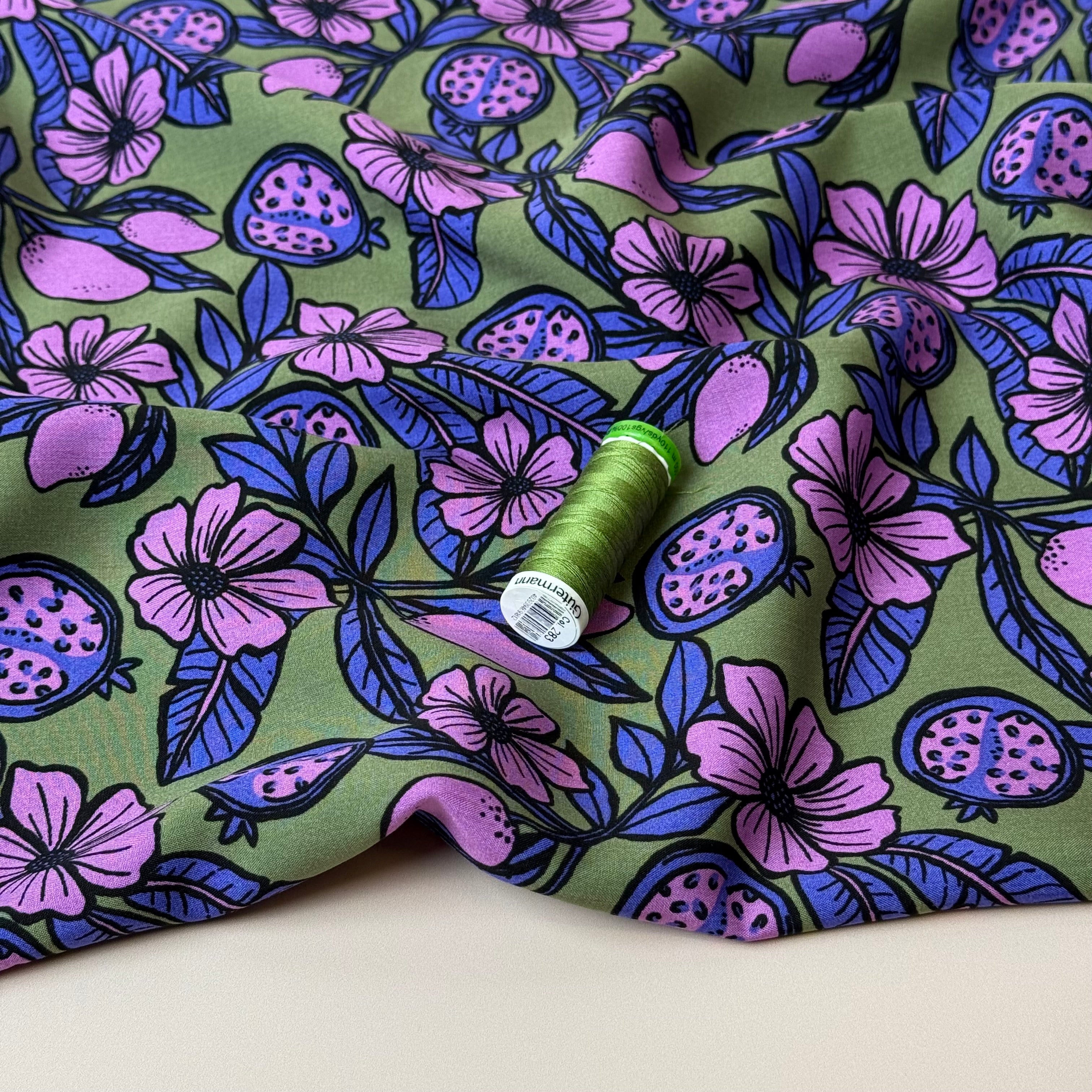 Pomegranates on Olive Green Viscose Fabric