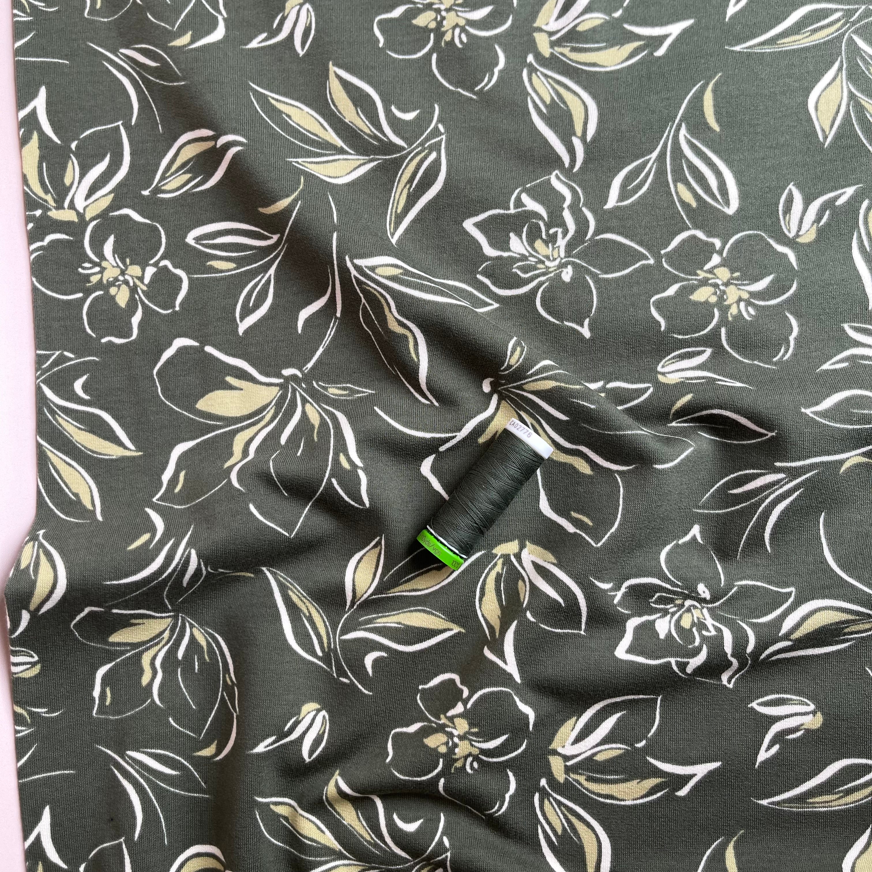 Line Flowers on Olive Green Recycled Cotton French Terry
