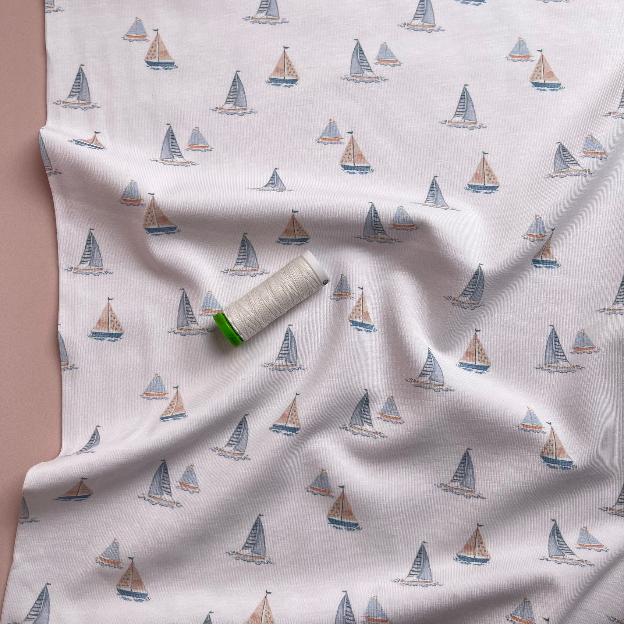 REMNANT 1.28 Metres - Sailing Boats White Organic Cotton Jersey Fabric