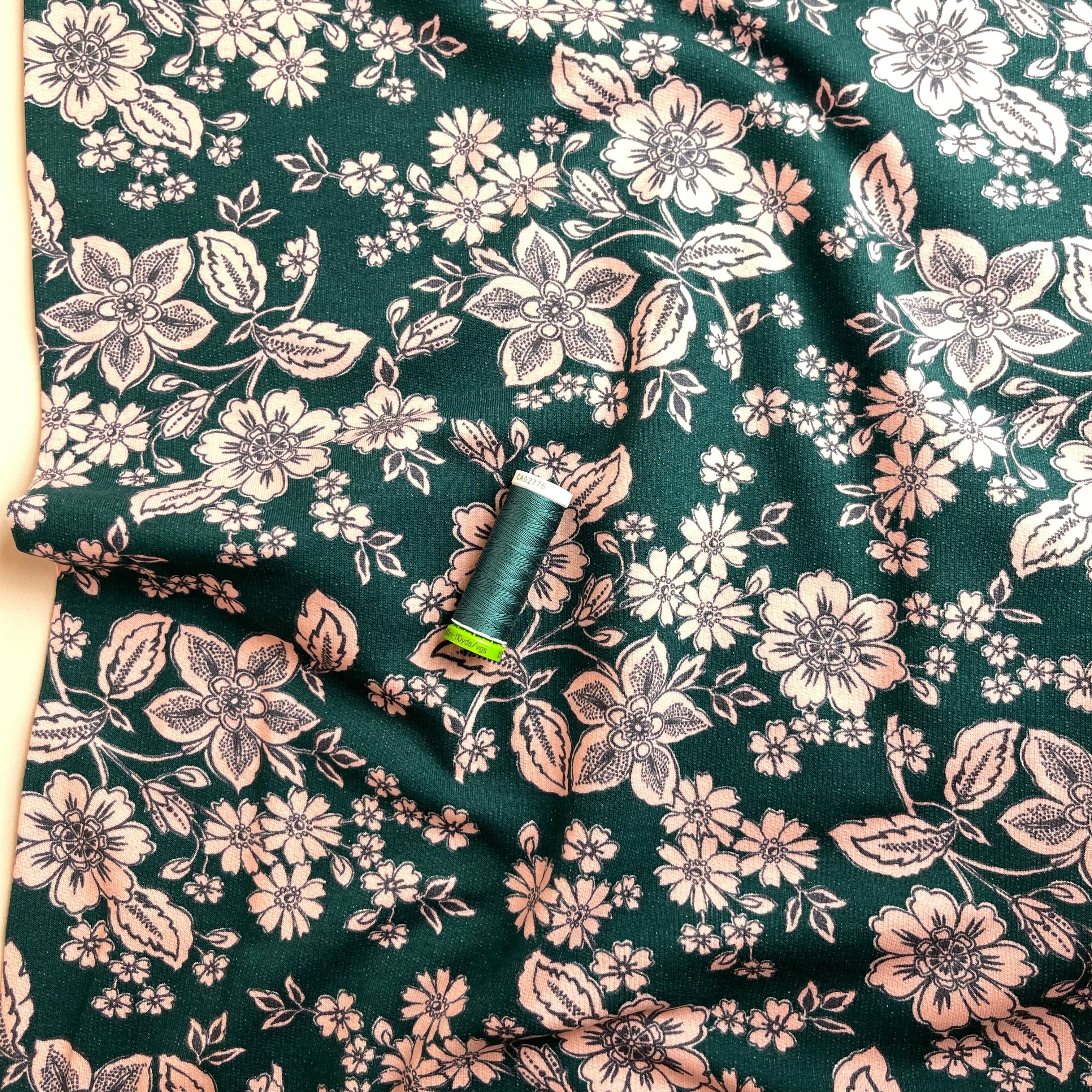REMNANT 0.28 Metre - Line Flowers Teal Peach Soft Cotton Sweat-shirting Fabric