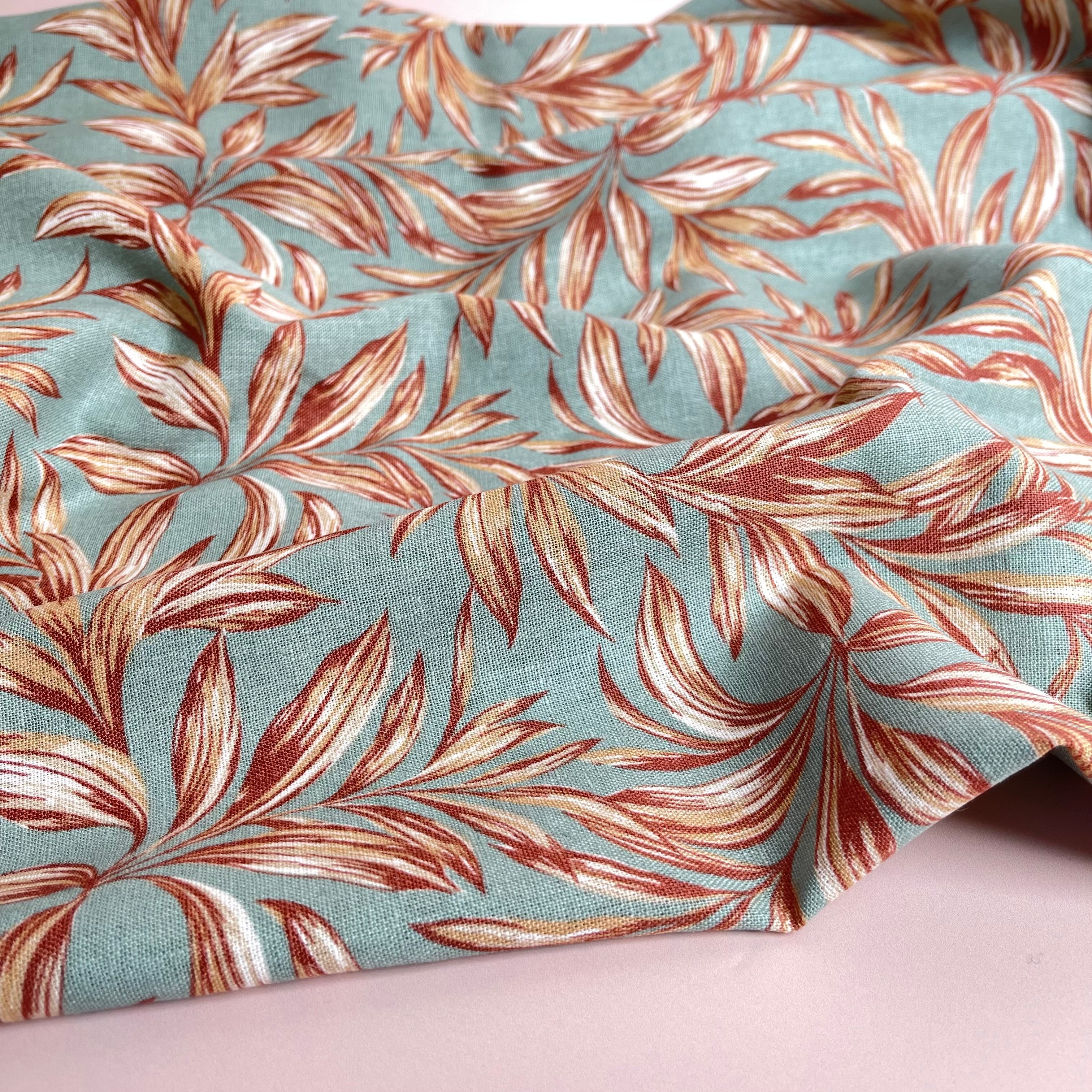Leaves on Sage Green Washed Linen Viscose Blend Fabric