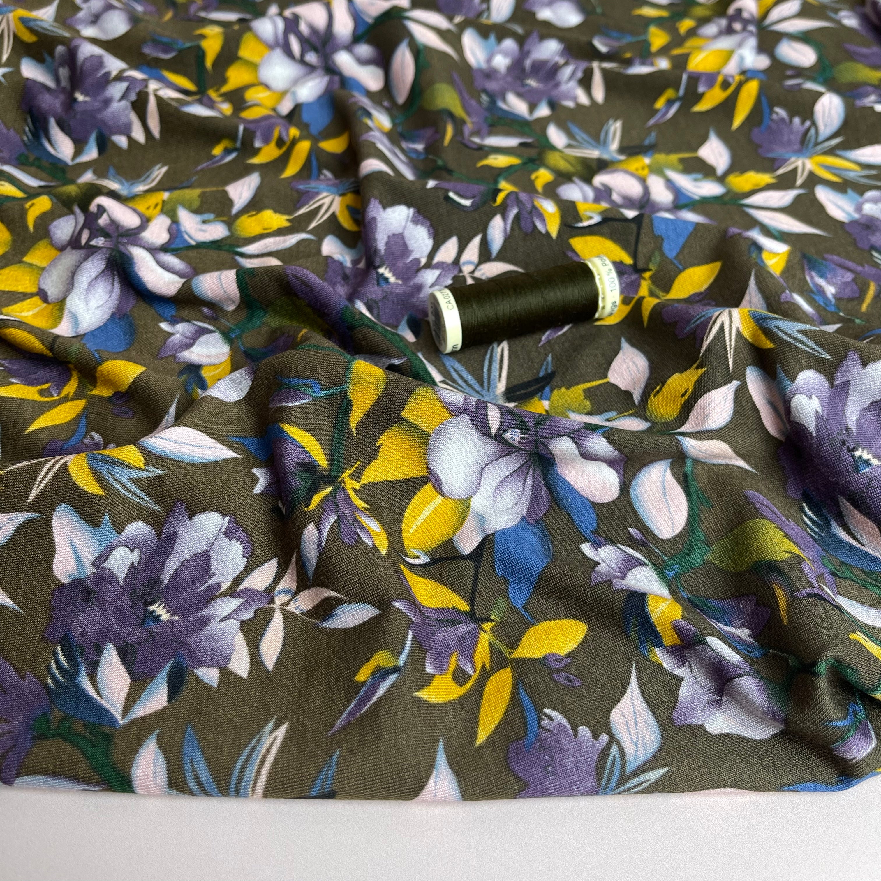 Purple Bouquet on Olive Viscose Jersey Fabric