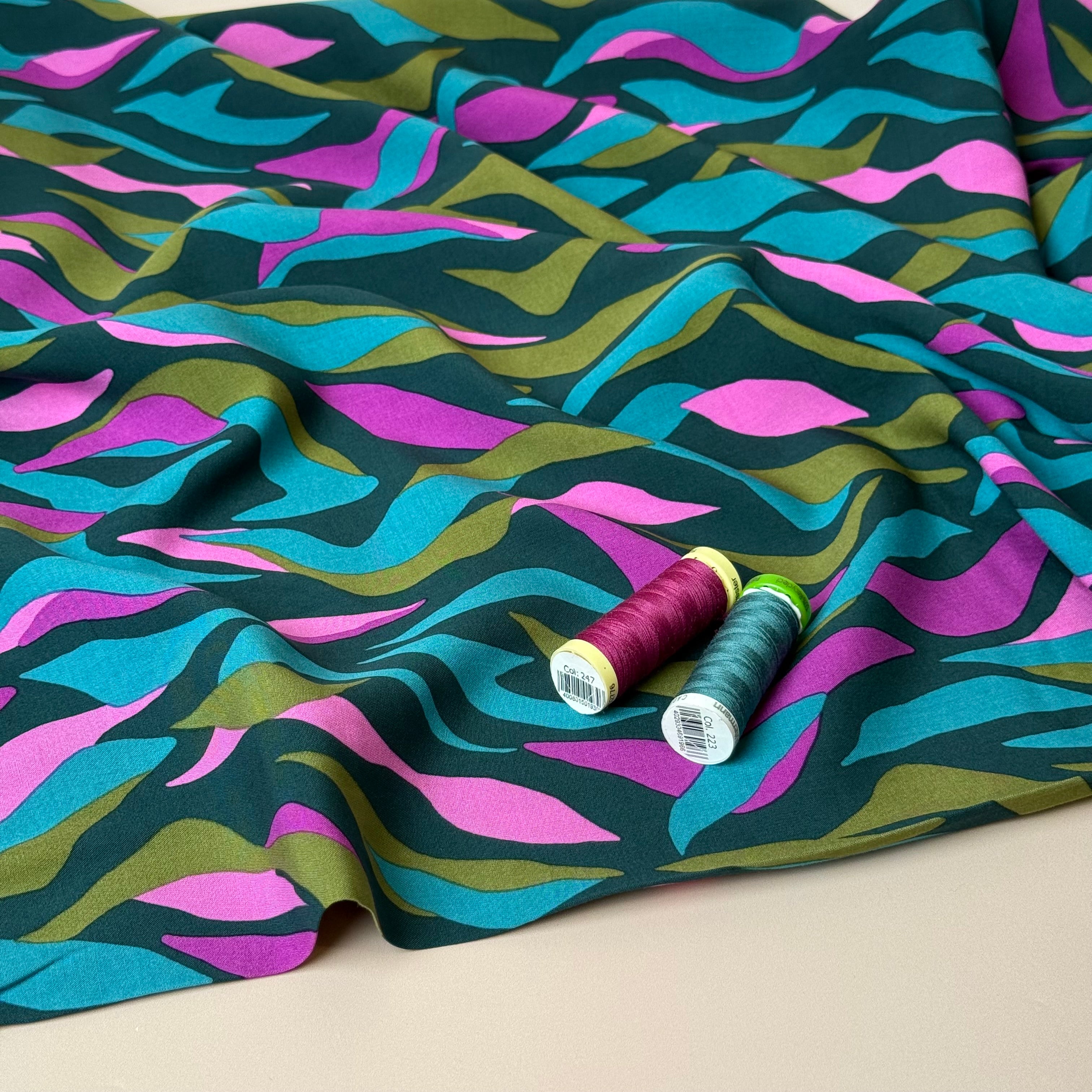 Abstract Waves Teal LENZING™ ECOVERO™ Viscose Fabric