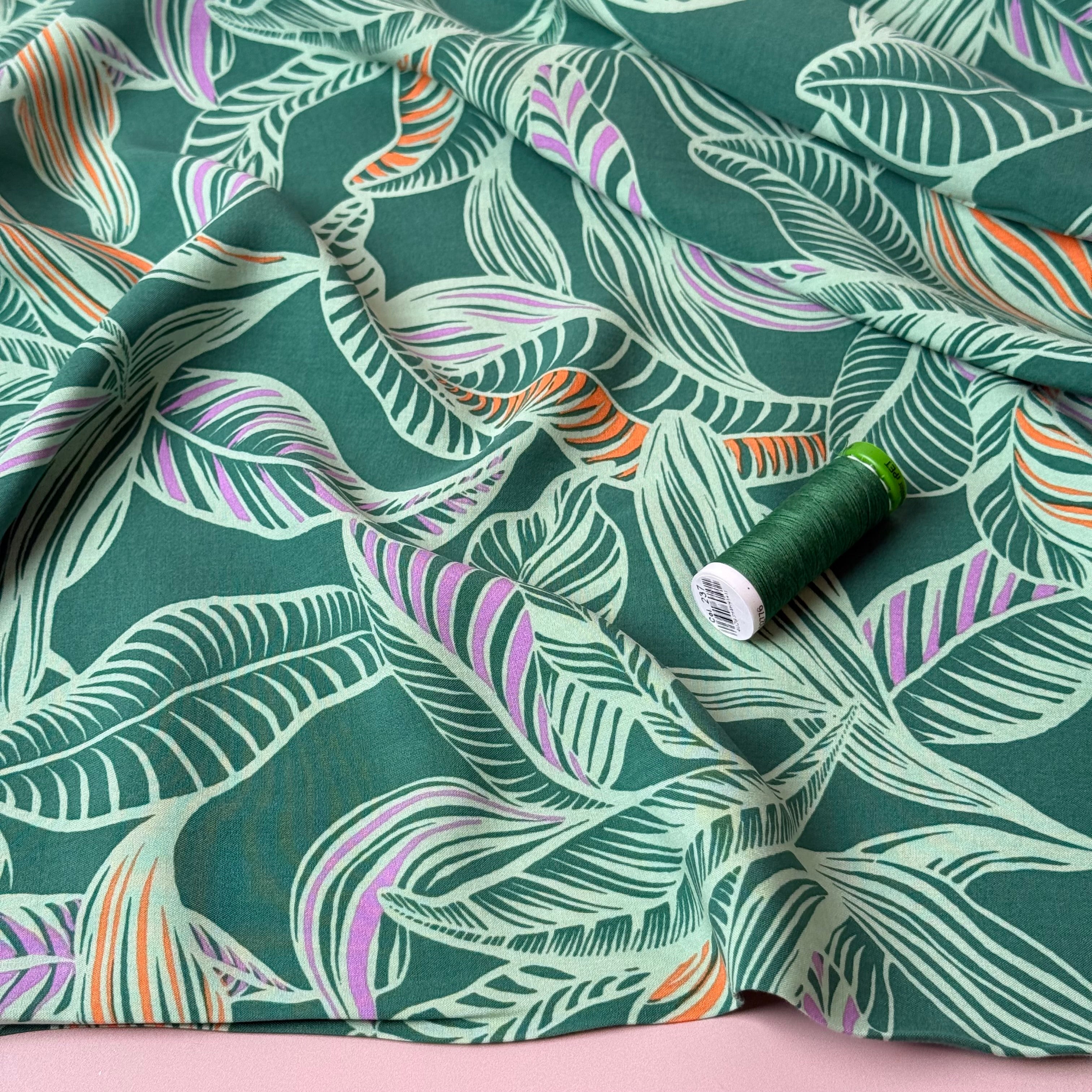 Leaves on Green LENZING™ ECOVERO™ Viscose Fabric