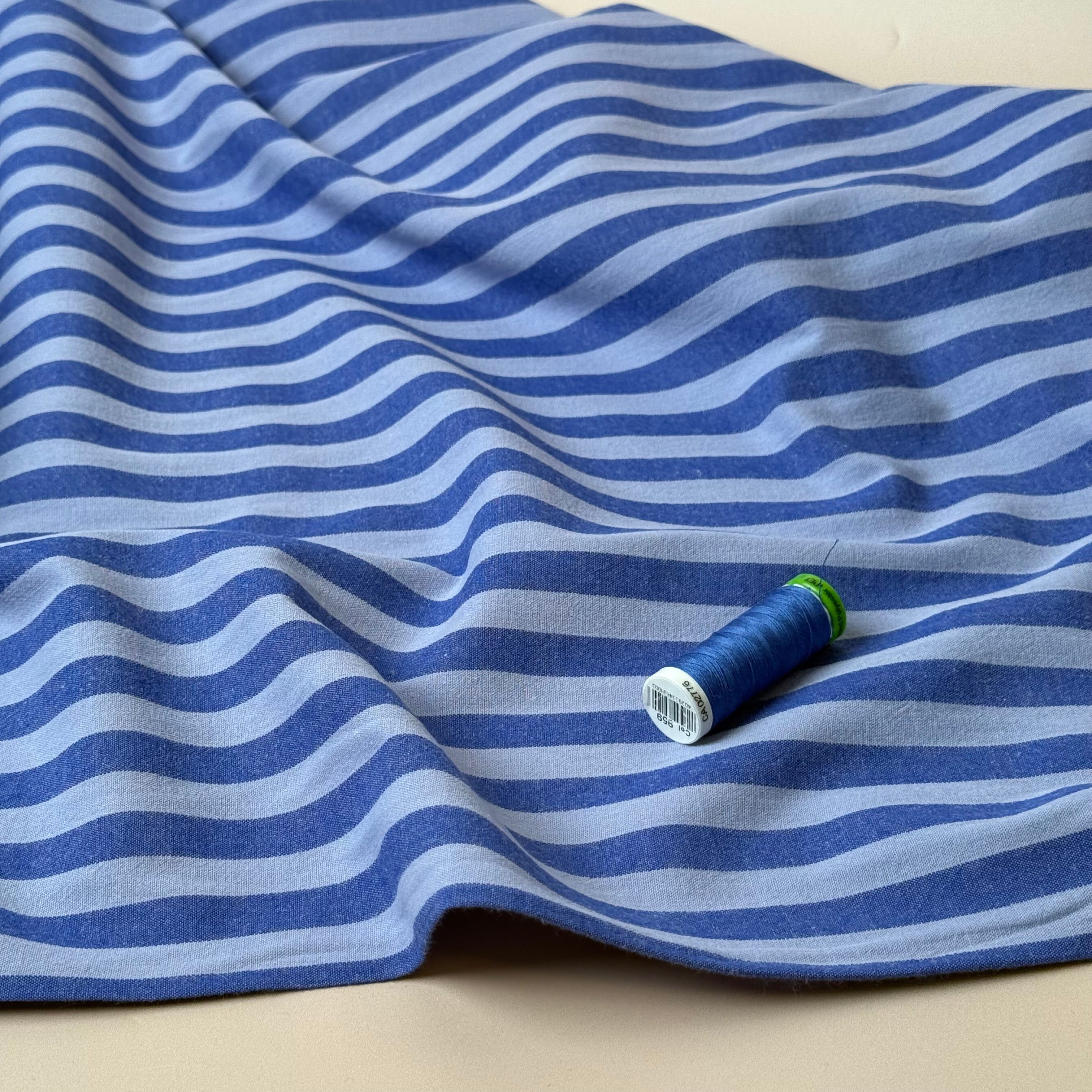 Yarn Dyed Periwinkle Stripes Washed Cotton Fabric