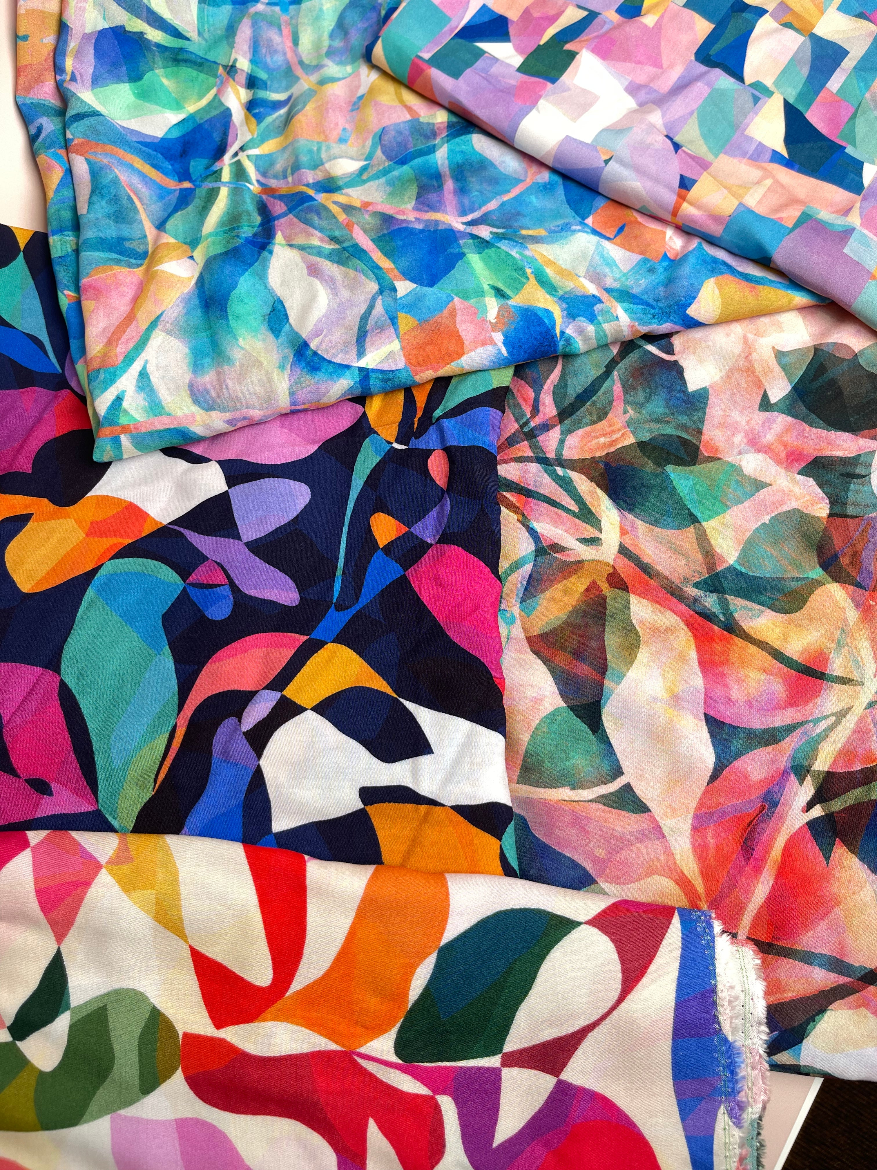 Summer Party - Rainbow Leaves Navy Viscose Fabric