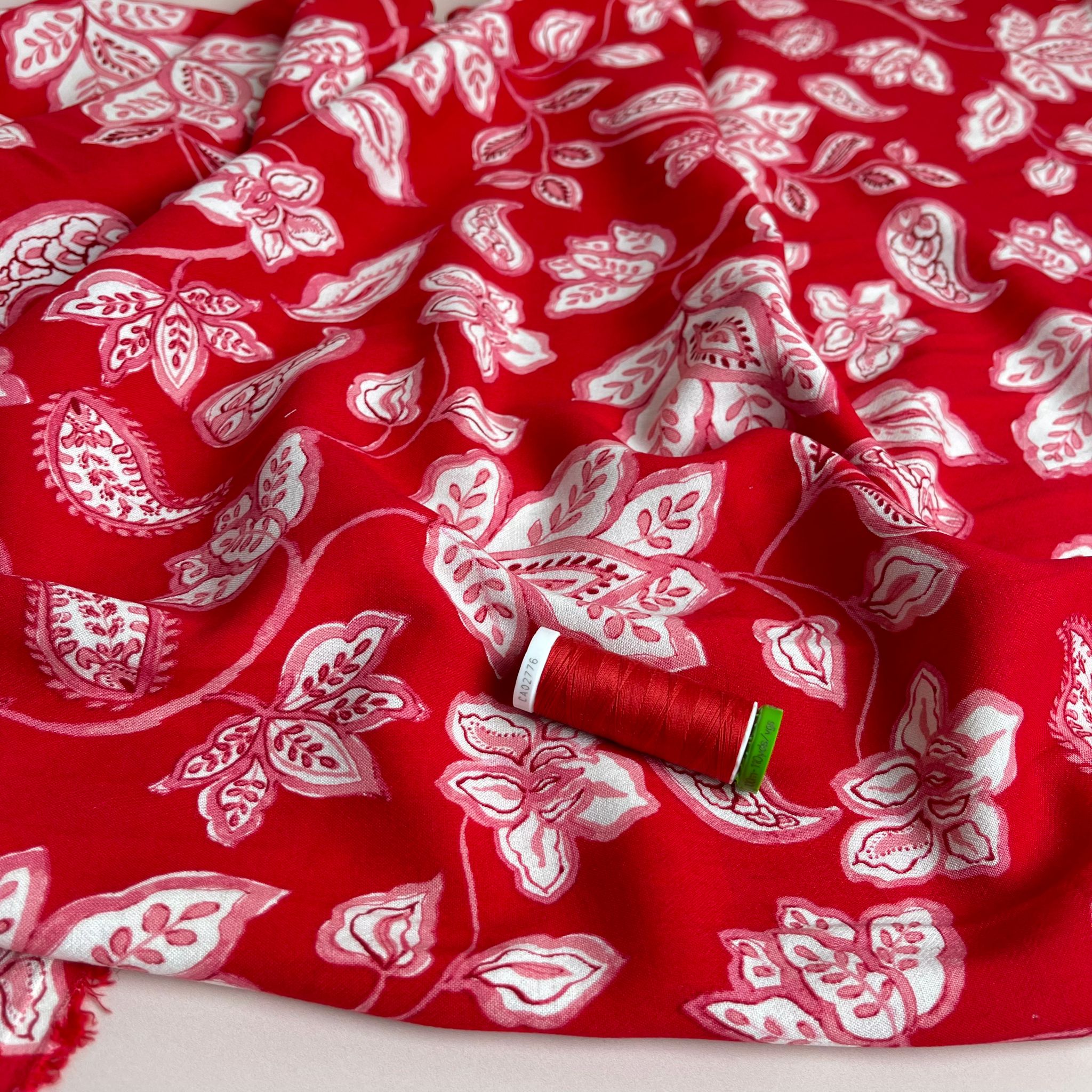 Red Block Print Linen Viscose Blend Fabric