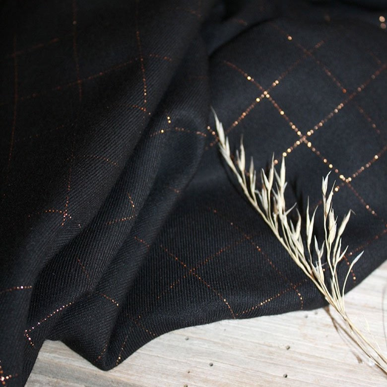 REMNANT 1.62 Metres - Églantine & Zoé - Black With Copper Checked Viscose Twill Fabric
