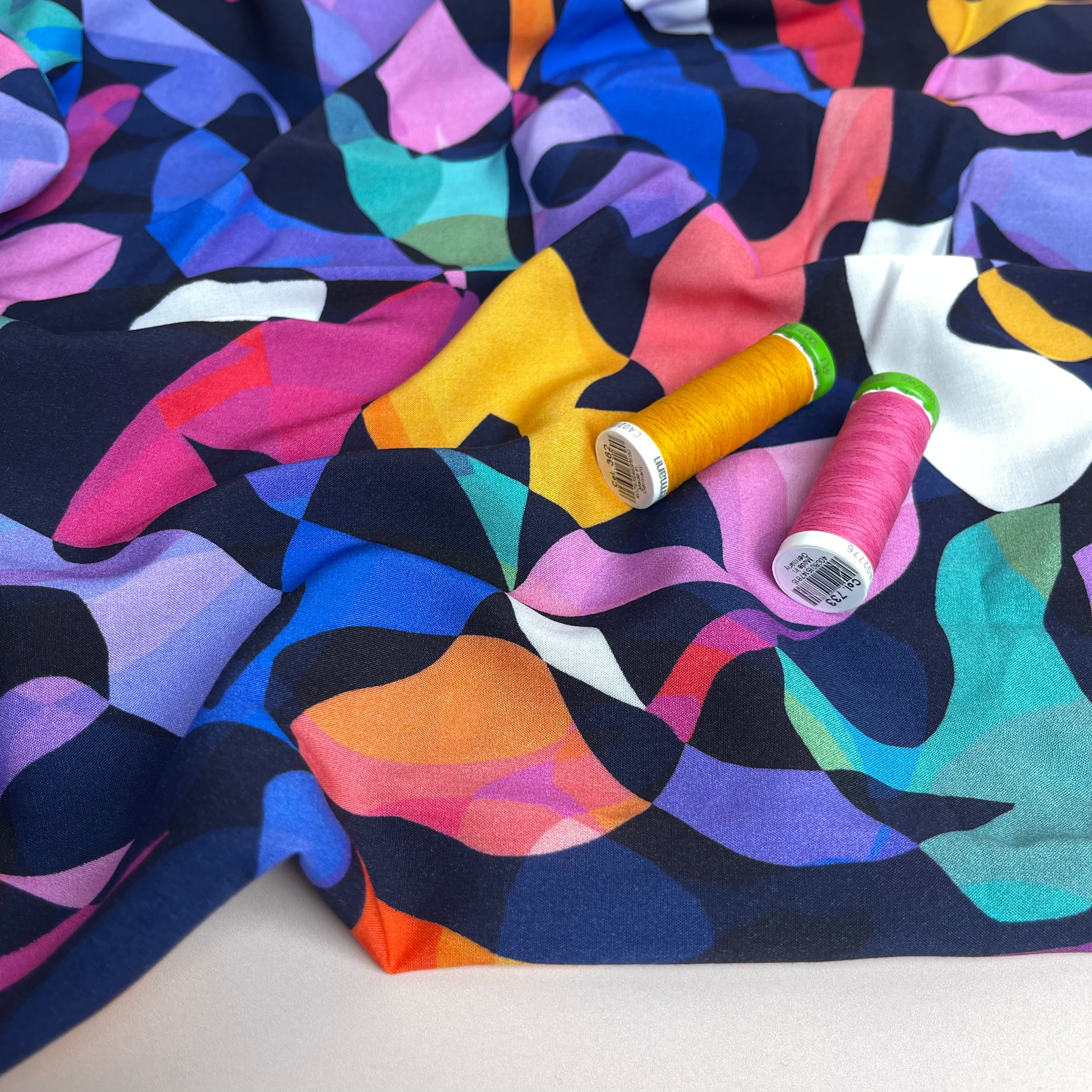 Summer Party - Rainbow Leaves Navy Viscose Fabric