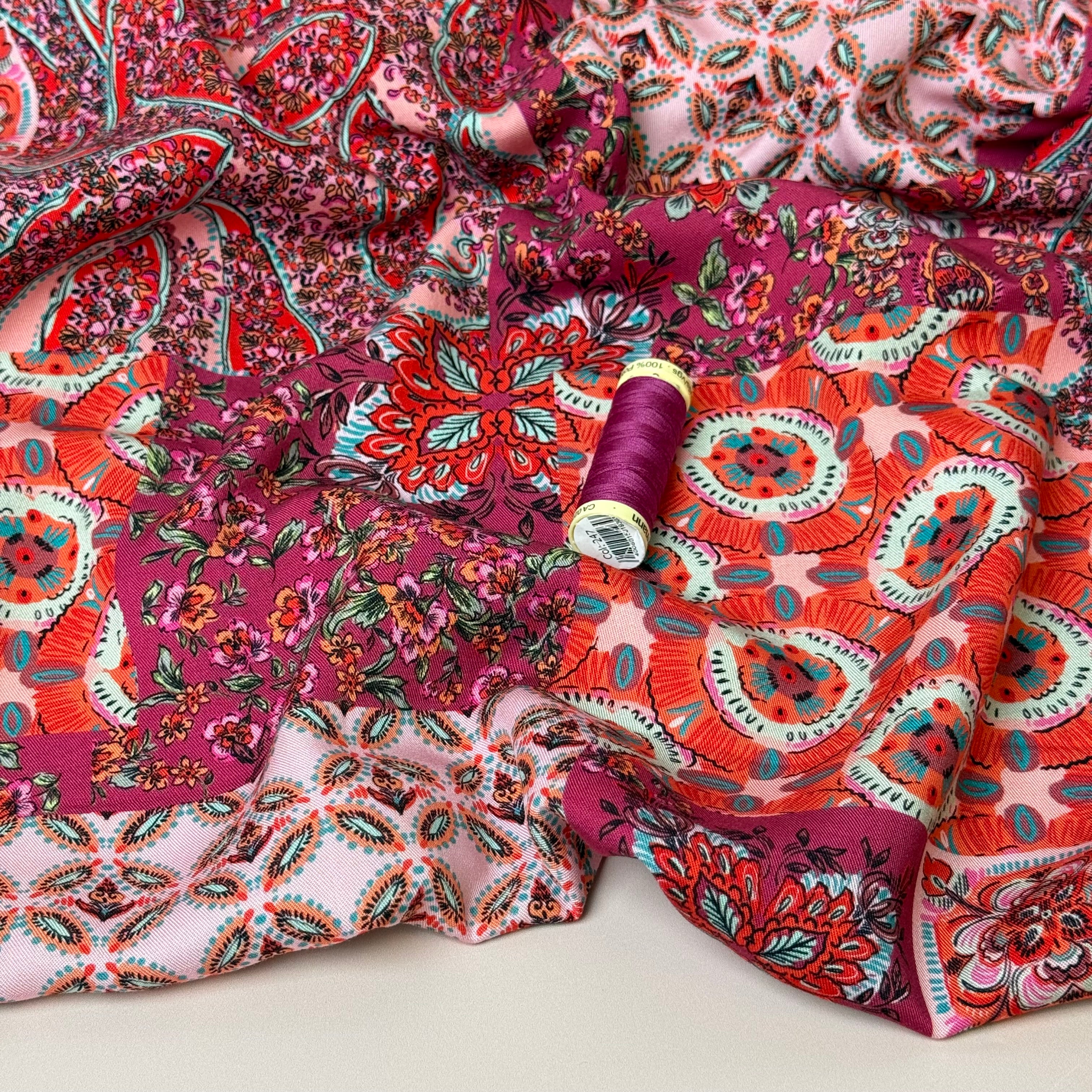 Vintage Patchwork Berry Viscose Twill Fabric