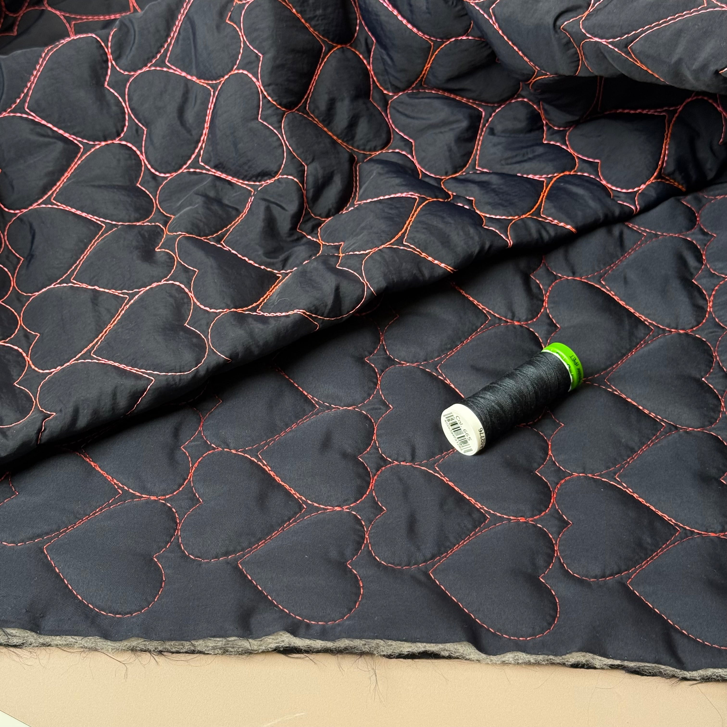 Hearts on Black Quilted Fabric