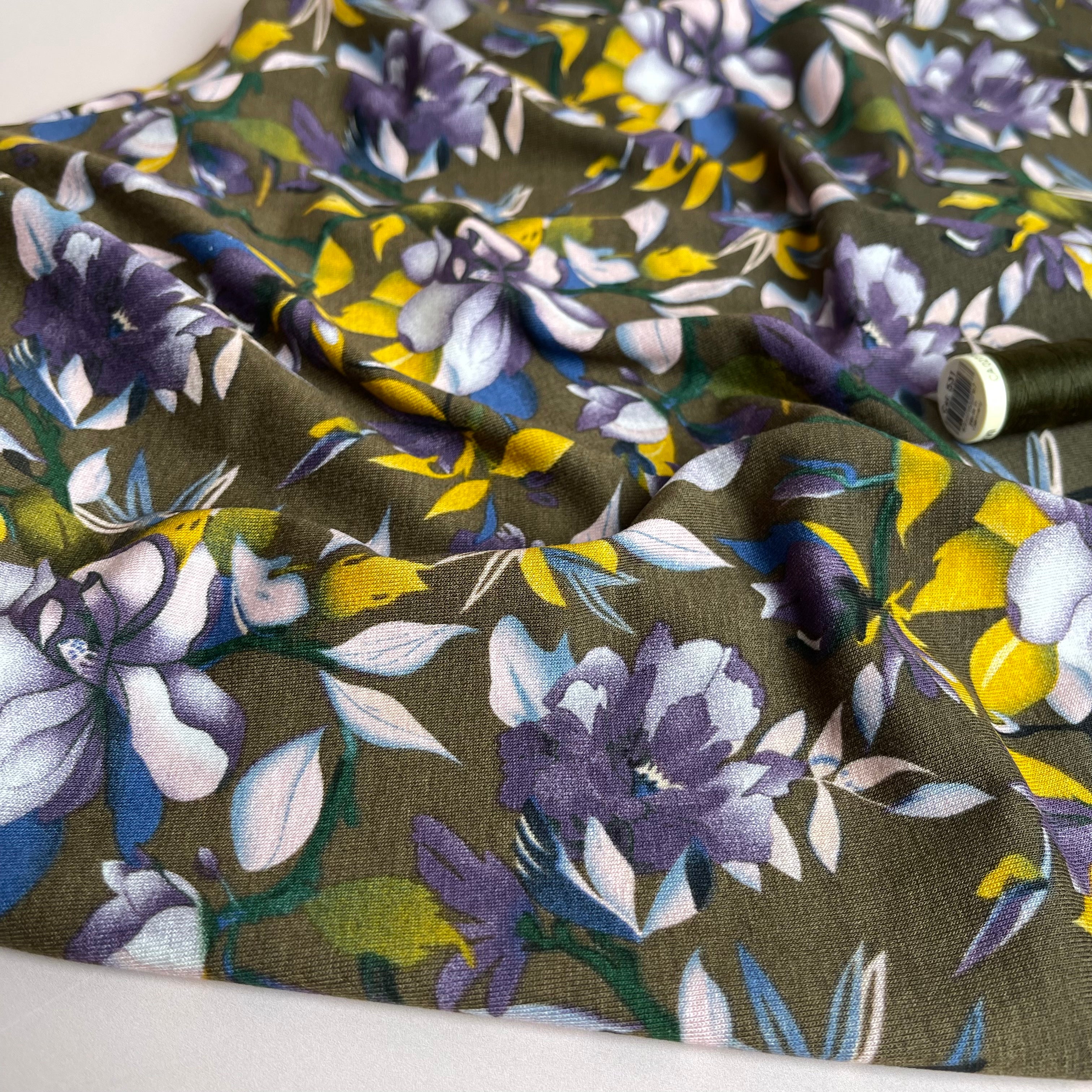 REMNANT 1.2 Metres - Purple Bouquet on Olive Viscose Jersey Fabric
