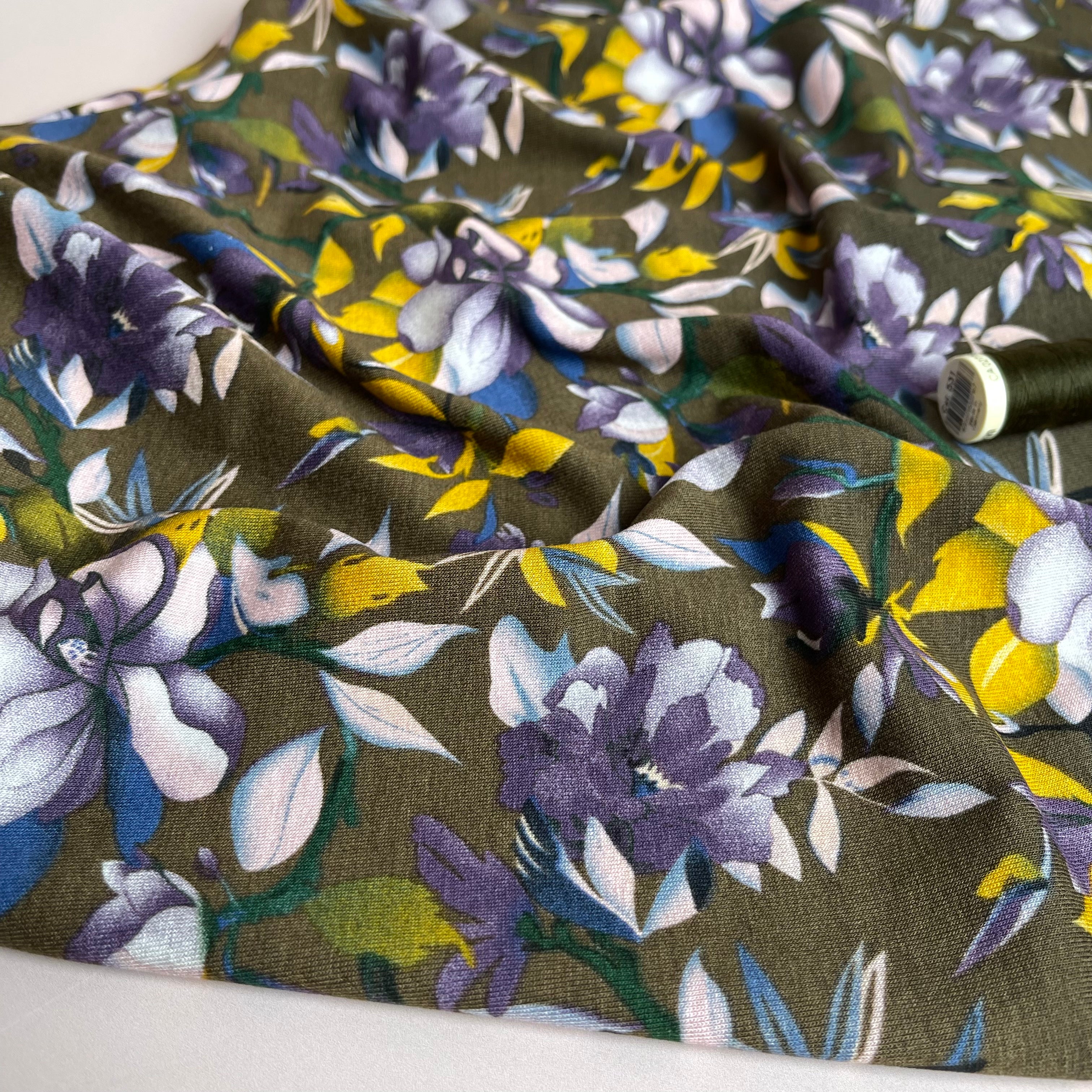 Purple Bouquet on Olive Viscose Jersey Fabric