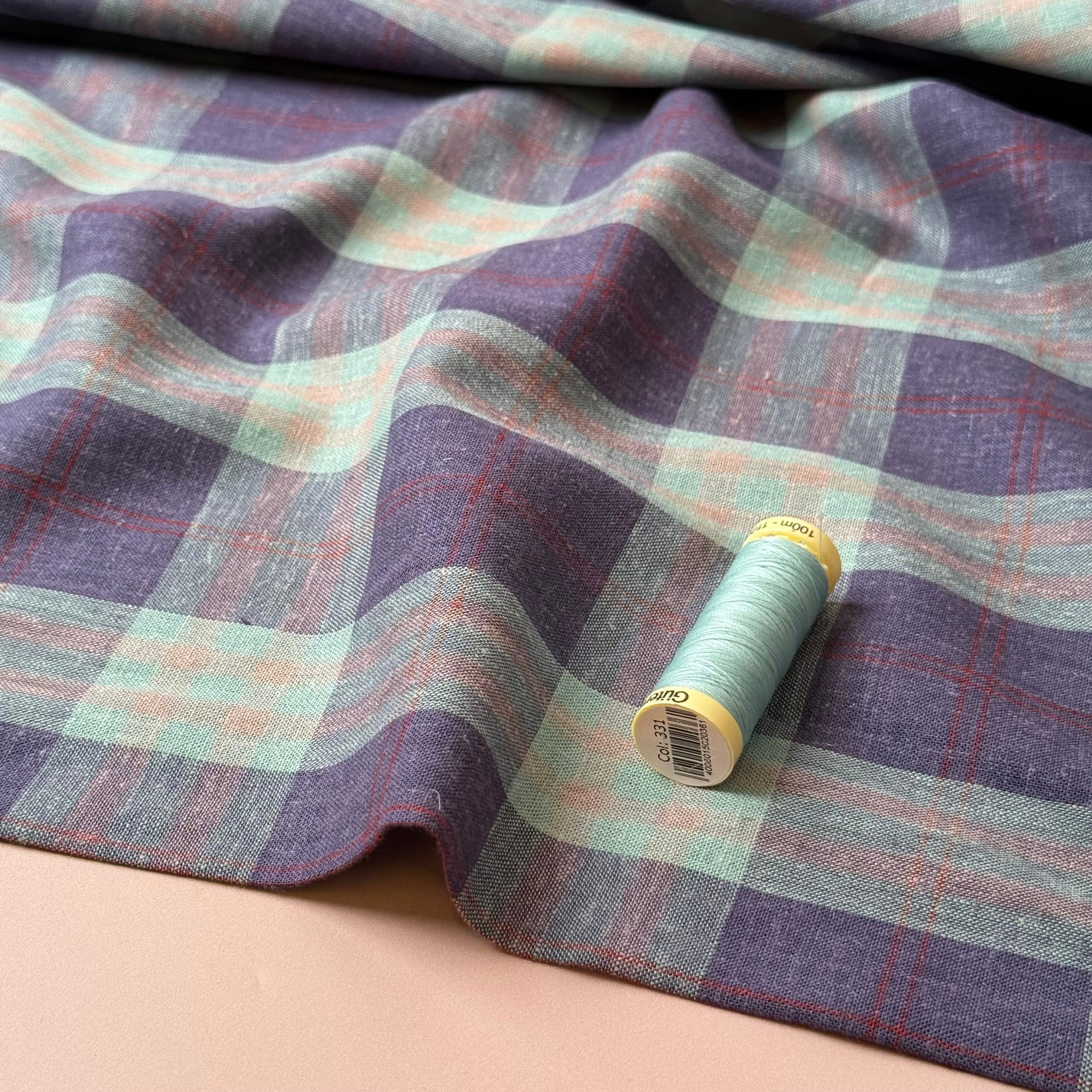 Yarn Dyed Mint and Purple Checks Linen Viscose Fabric