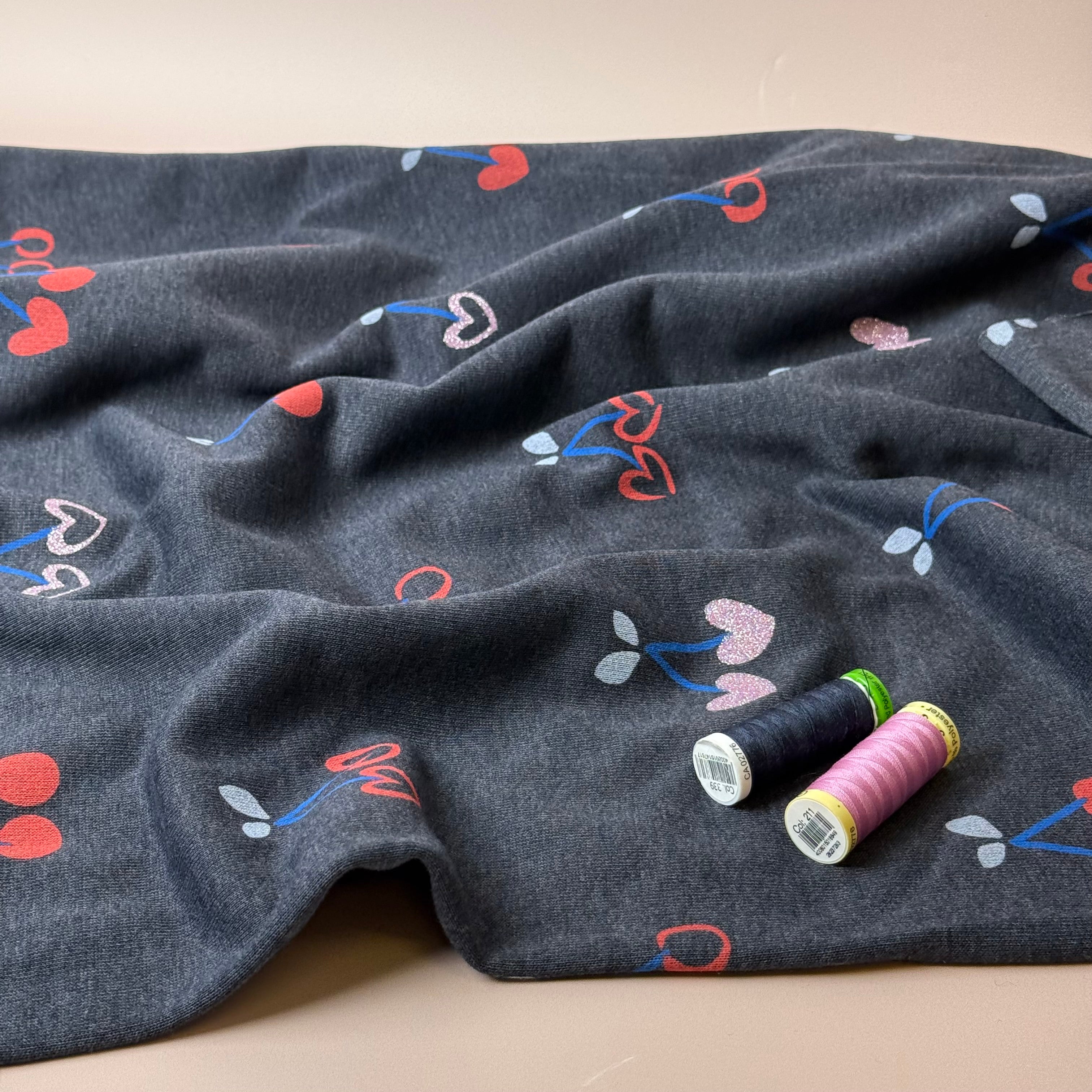 Glitter Cherries on Melange Dark Navy Cotton Sweat-shirting Fabric