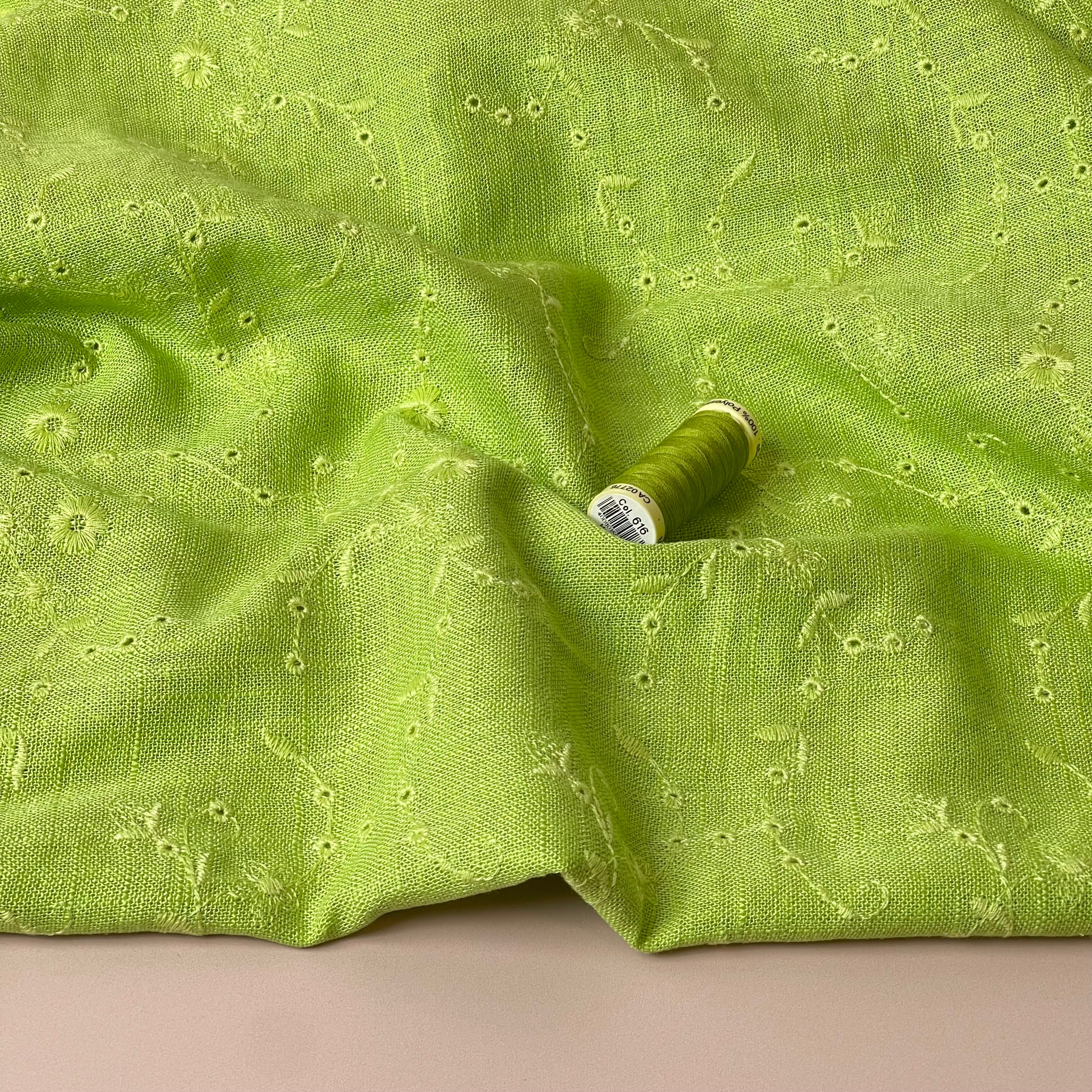 Floral Vines on Lime Embroidered Viscose Linen Fabric