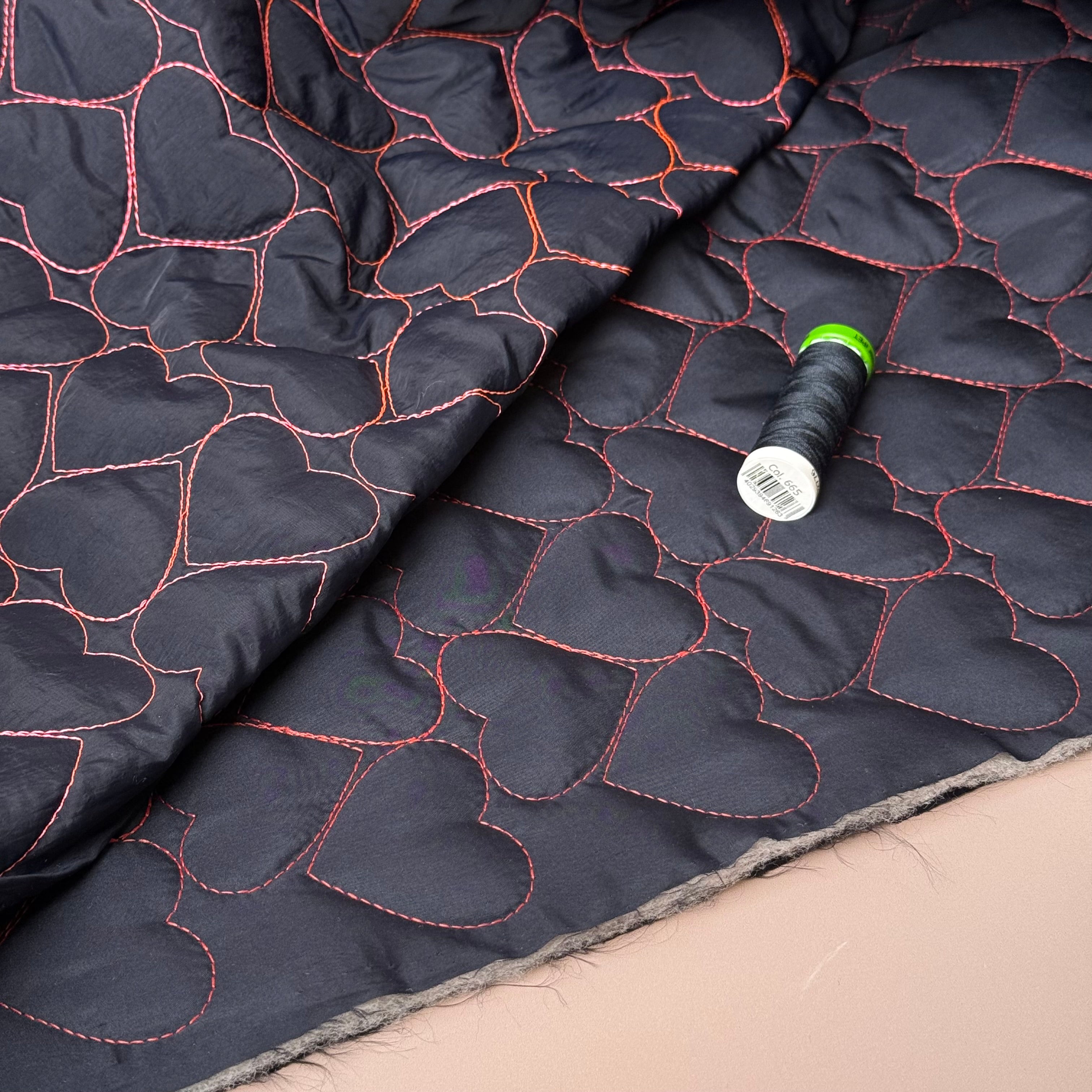 Hearts on Black Quilted Fabric