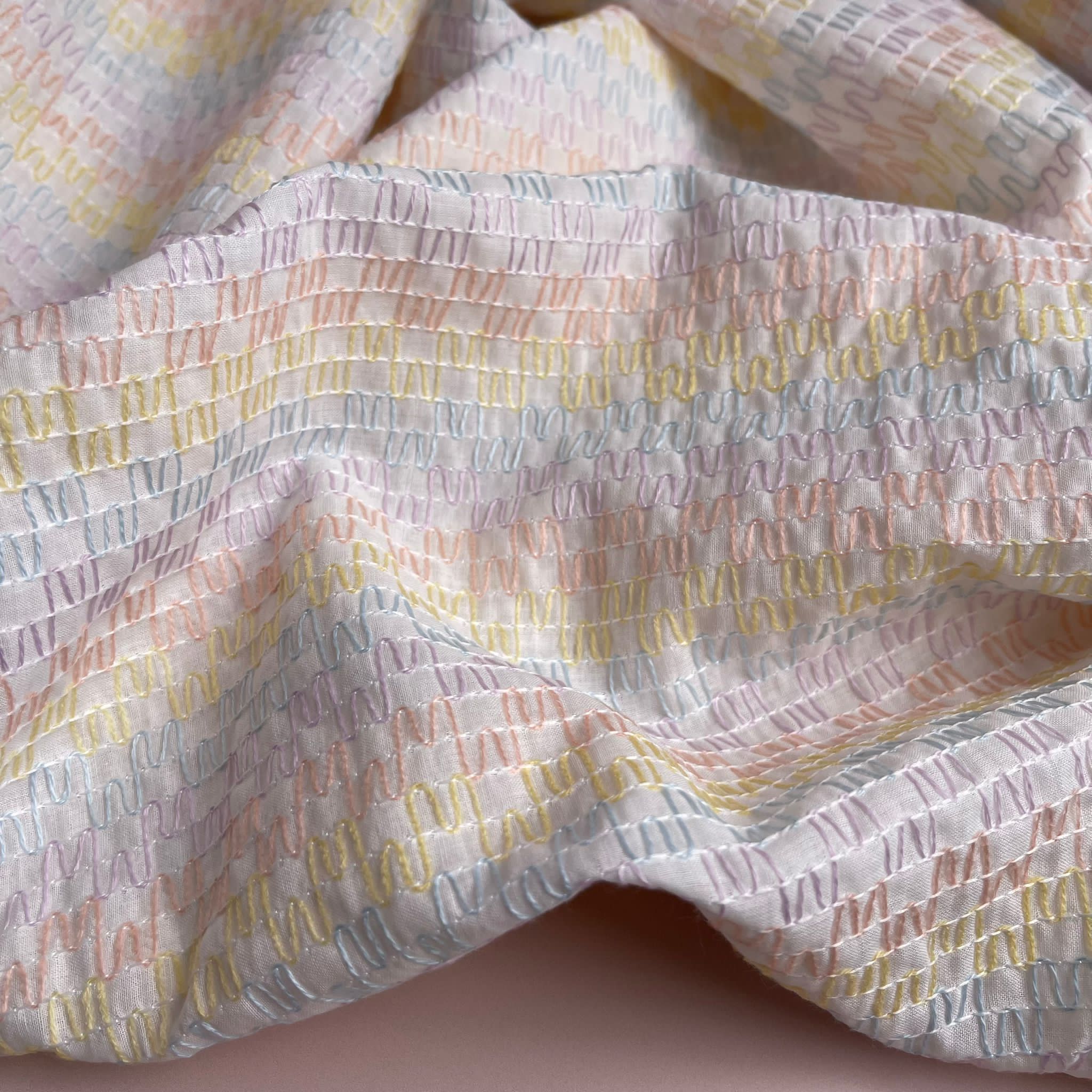 REMNANT 0.64 Metre - Rainbow Waves Embroidered Cotton Fabric