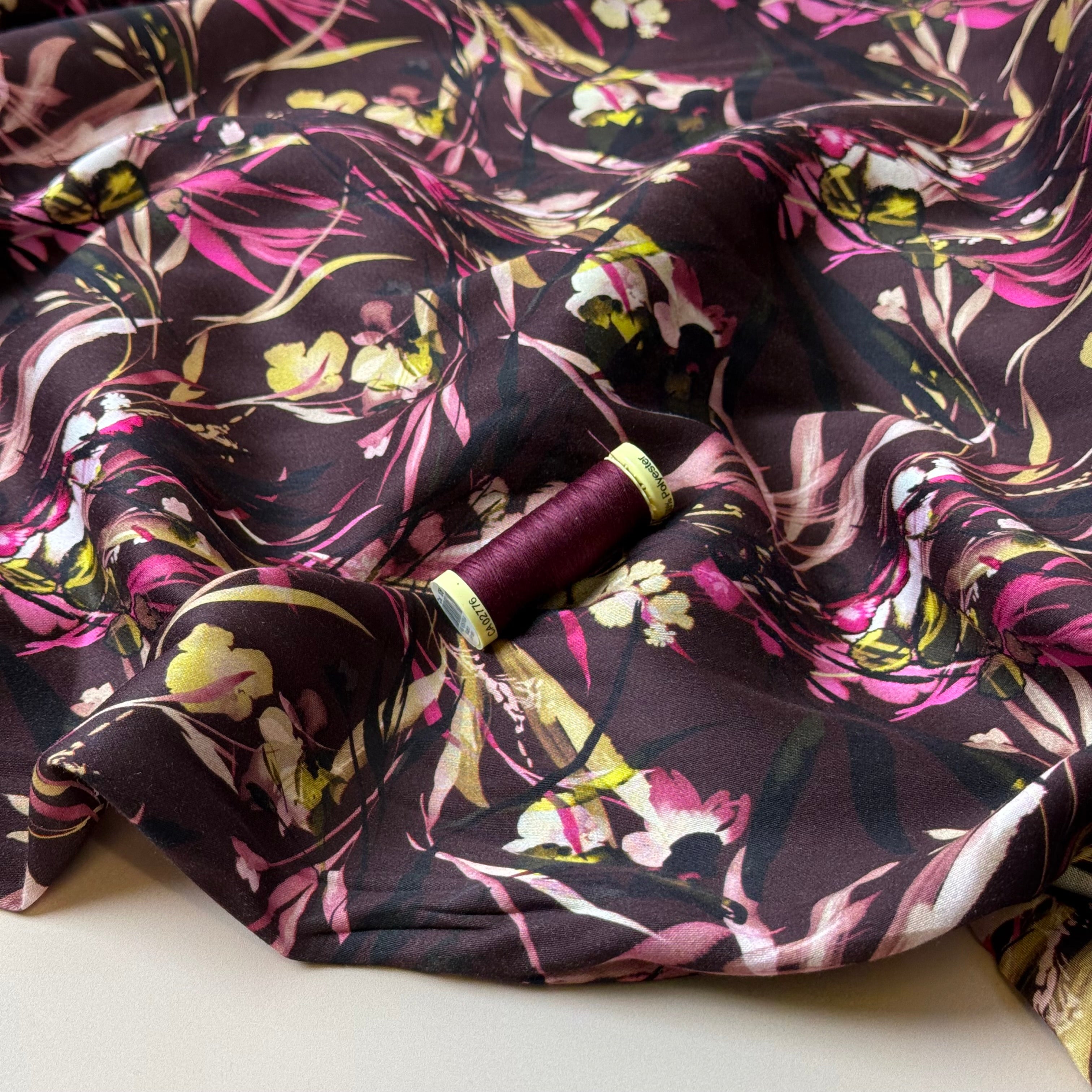 Autumn Foliage Aubergine Viscose Sateen Fabric