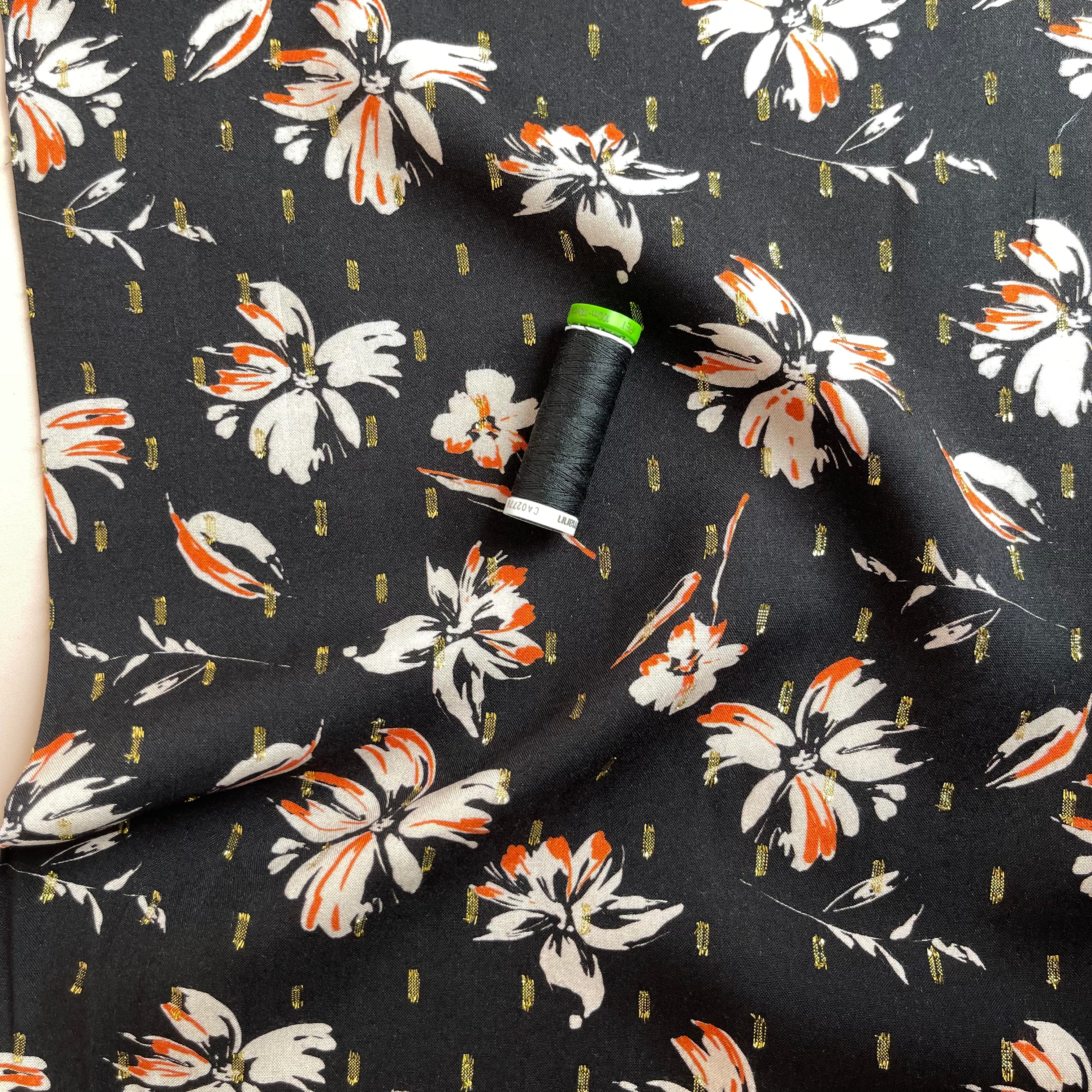 Flowers on Black with Lurex Viscose Fabric