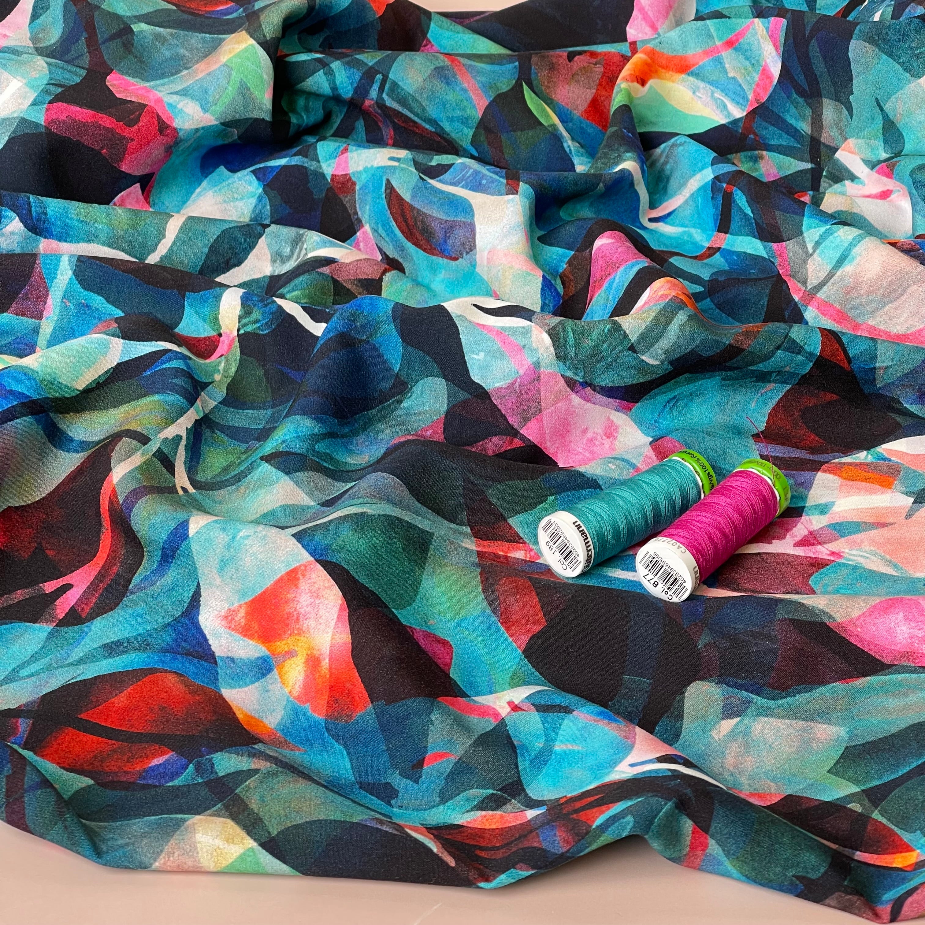 Summer Party - Painted Foliage Teal Viscose Fabric
