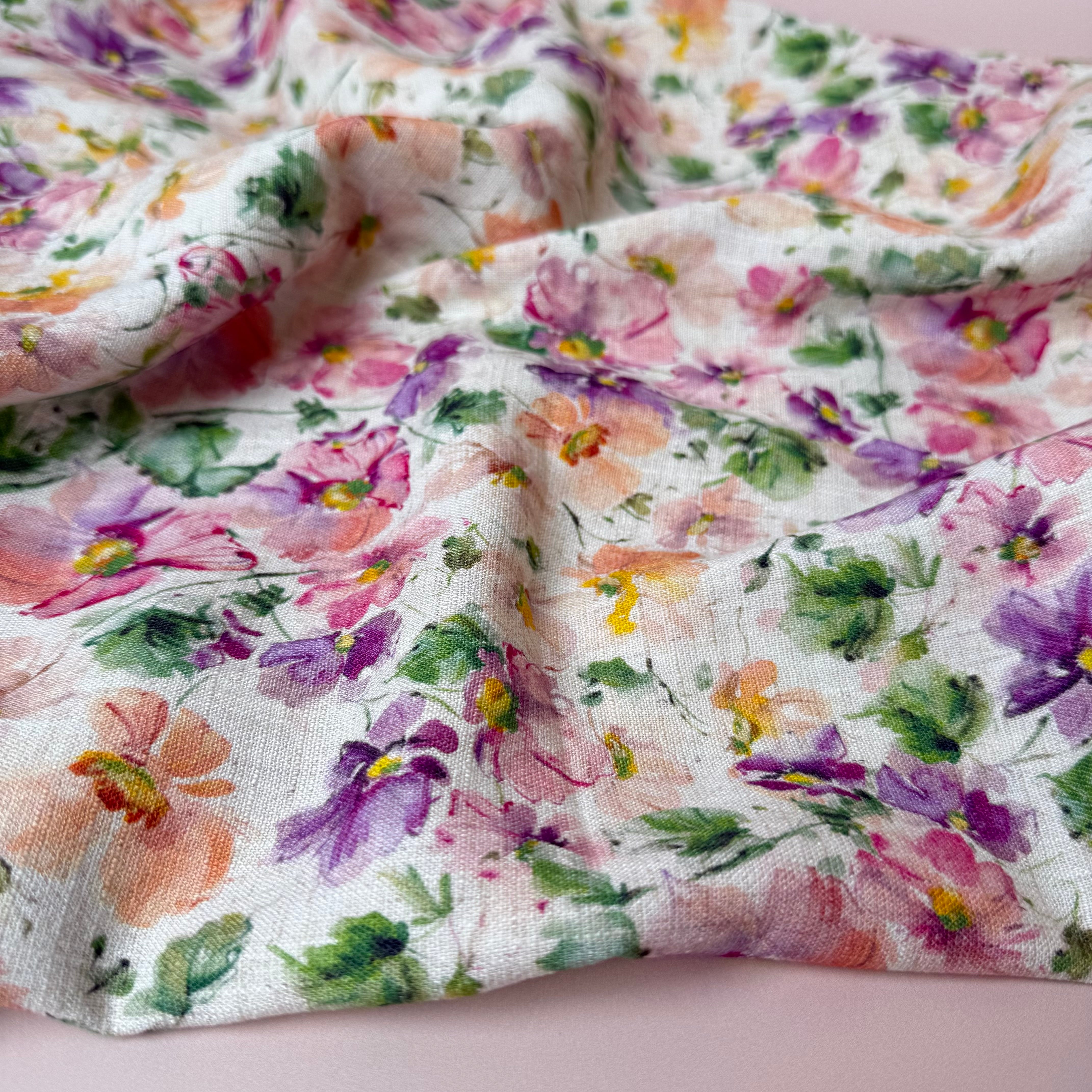 Spring Flowers Viscose Linen Crepe Fabric