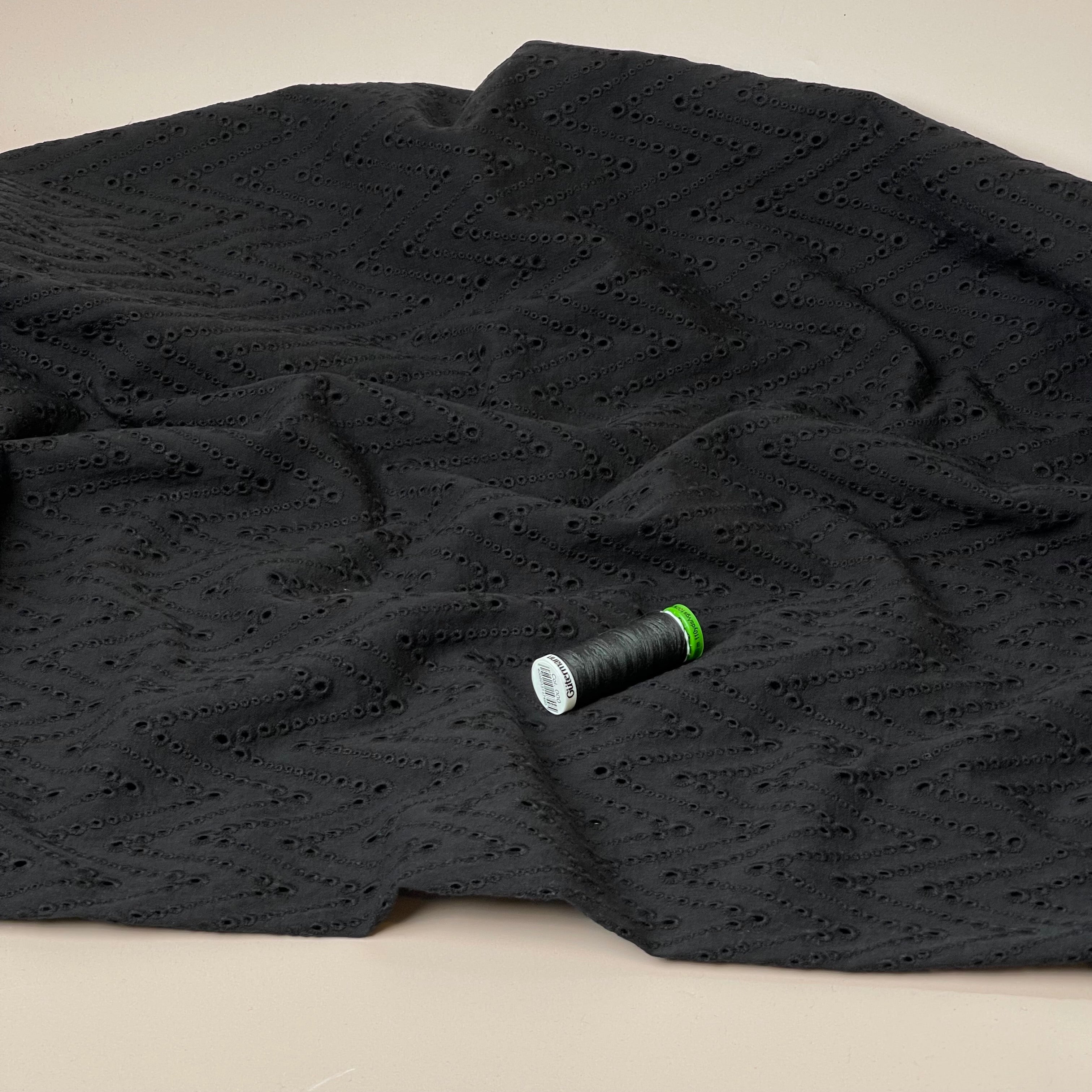 Embroidered Zig-Zags on Black Cotton Broderie Anglaise Fabric