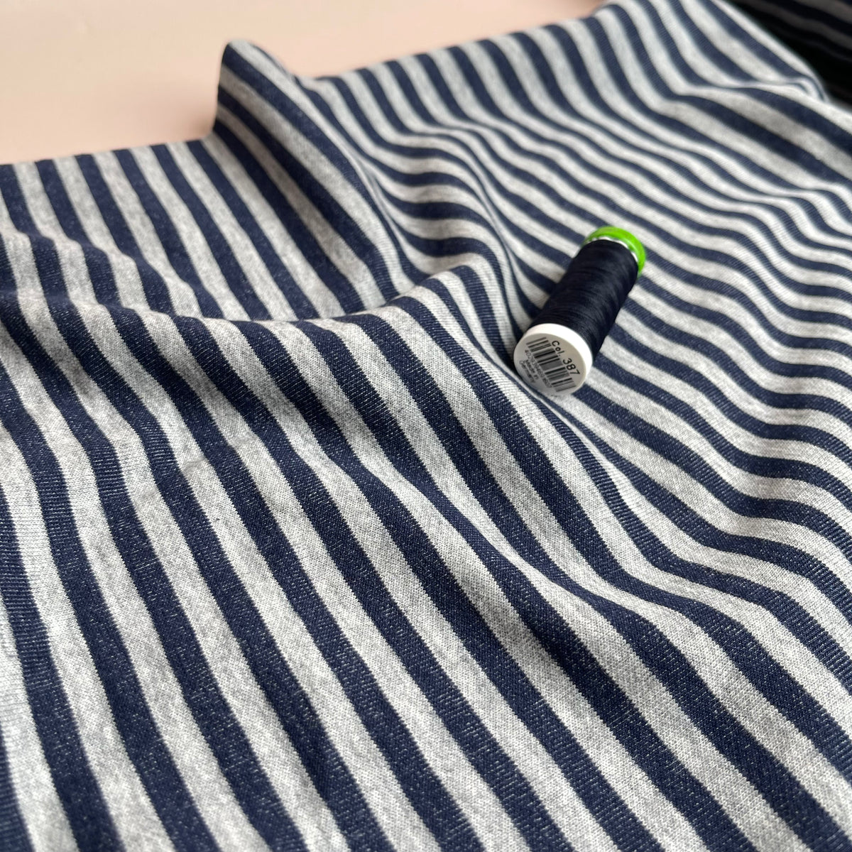 Striped Double Knit Cotton Jersey in Denim & Grey Lamazi Fabrics