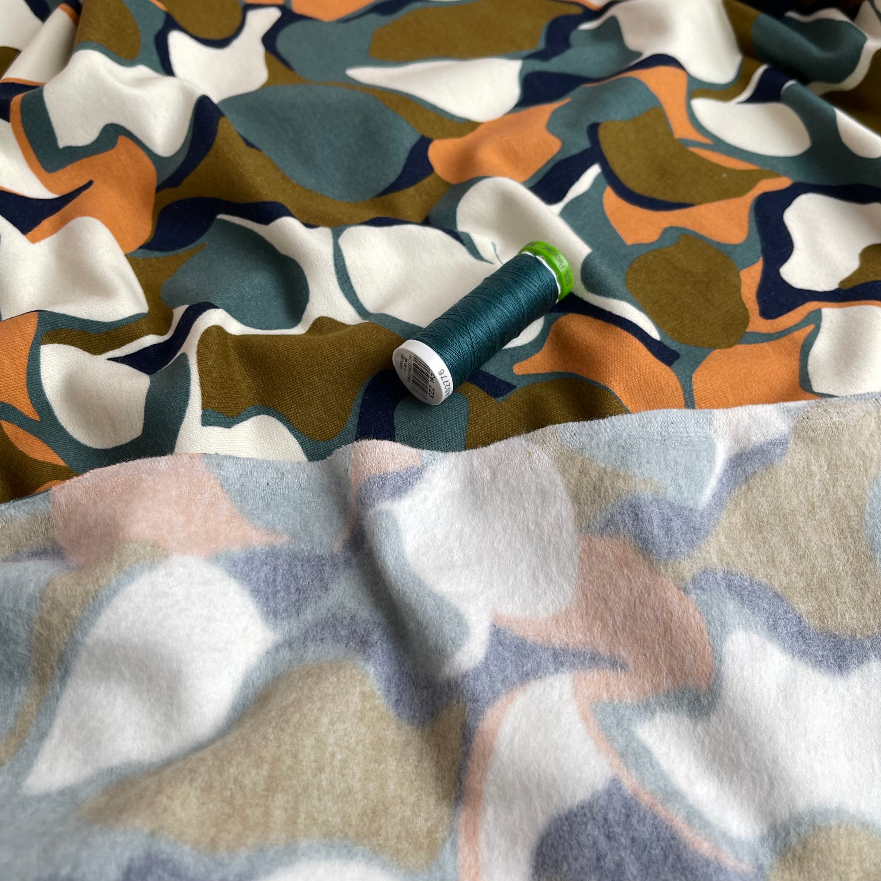 Abstract Shapes in Green Peach Soft Cotton Sweat-shirting Fabric