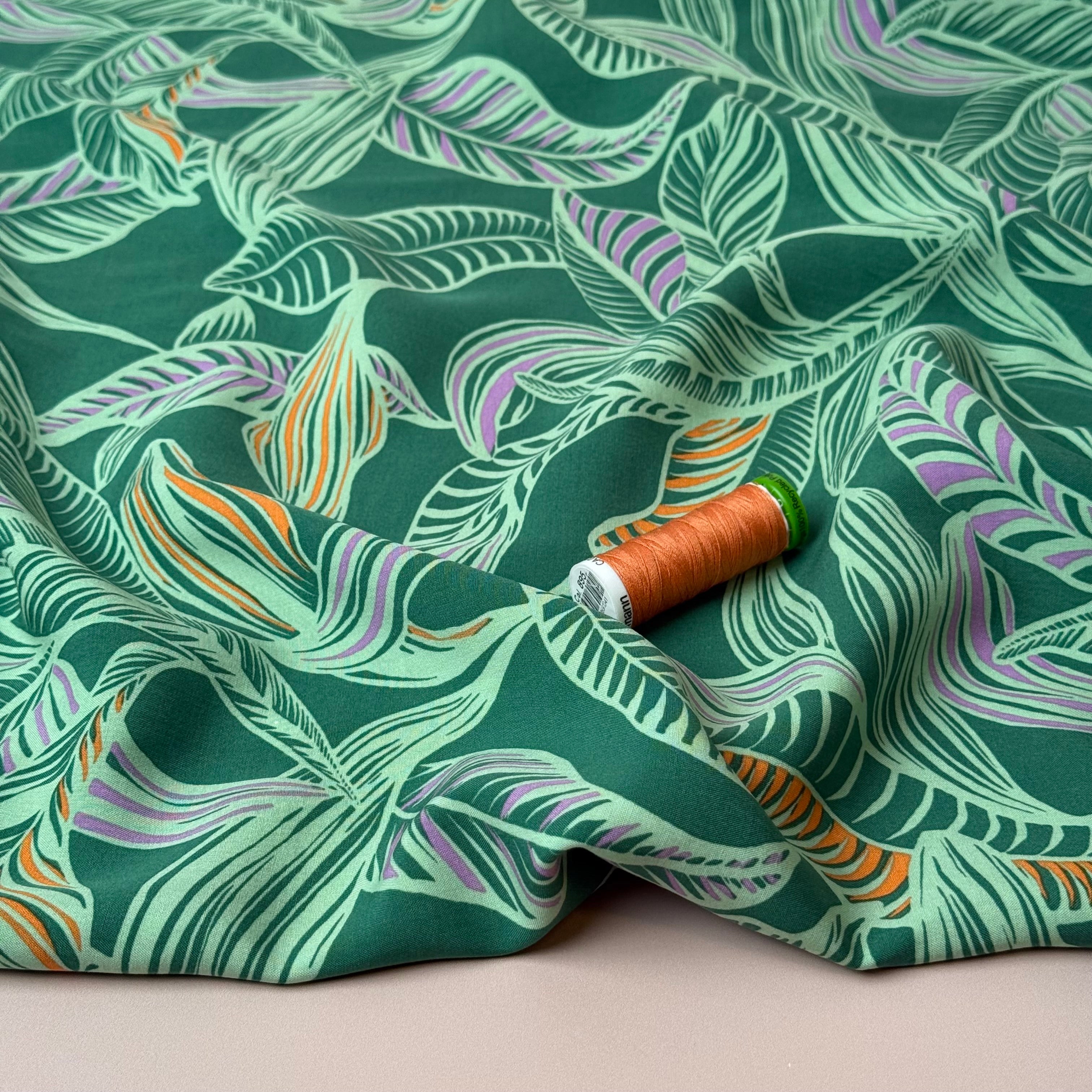 Leaves on Green LENZING™ ECOVERO™ Viscose Fabric