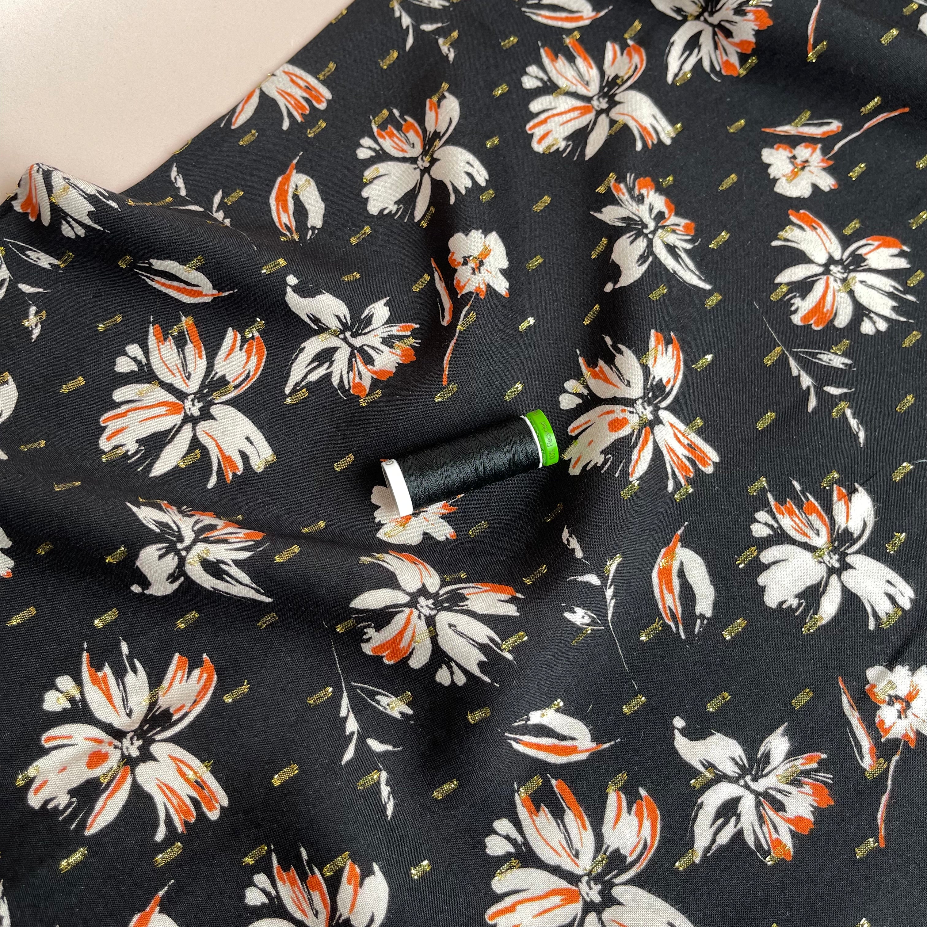 Flowers on Black with Lurex Viscose Fabric