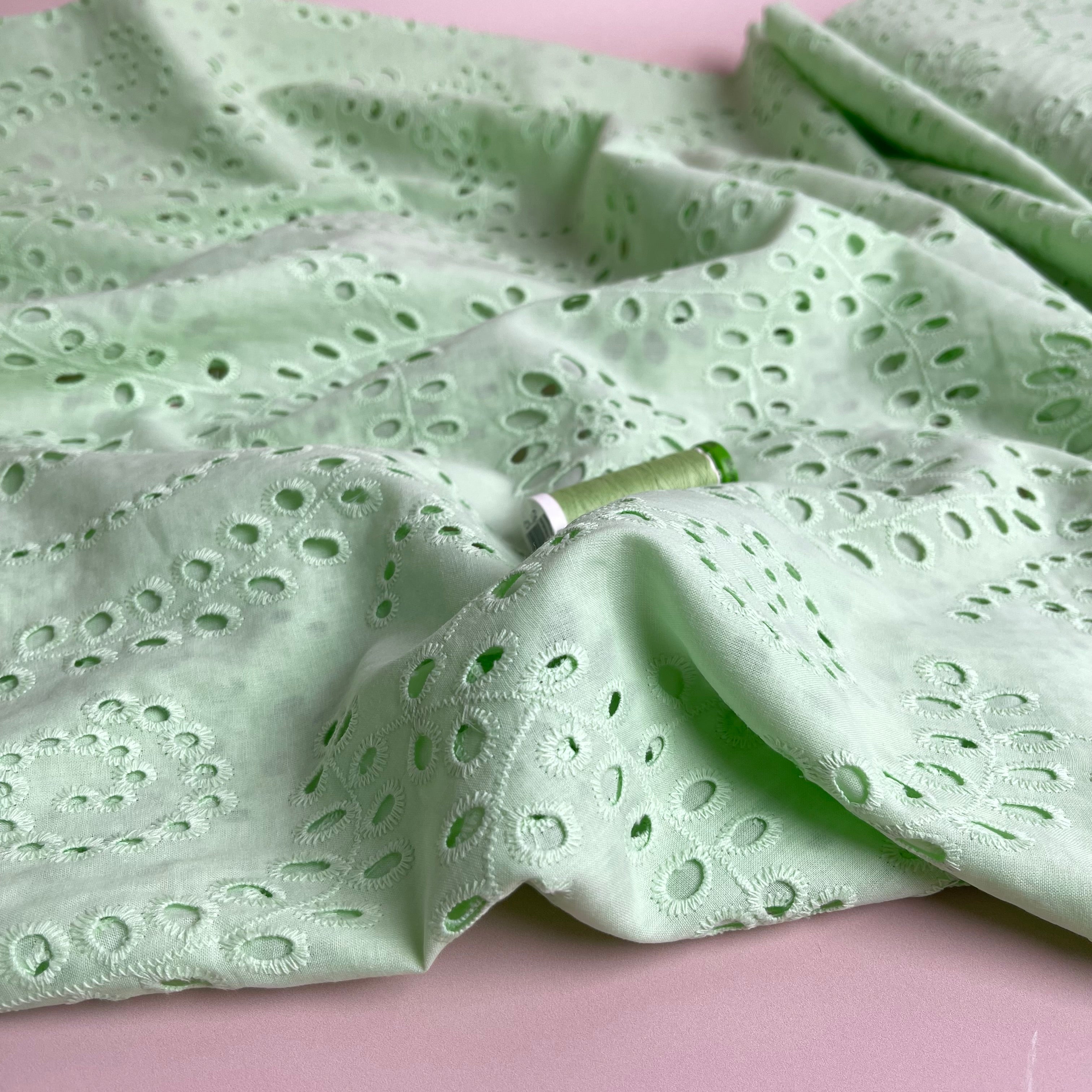 REMNANT 2.55 metres - Sweet Vines Mint Cotton Broderie Anglaise Fabric