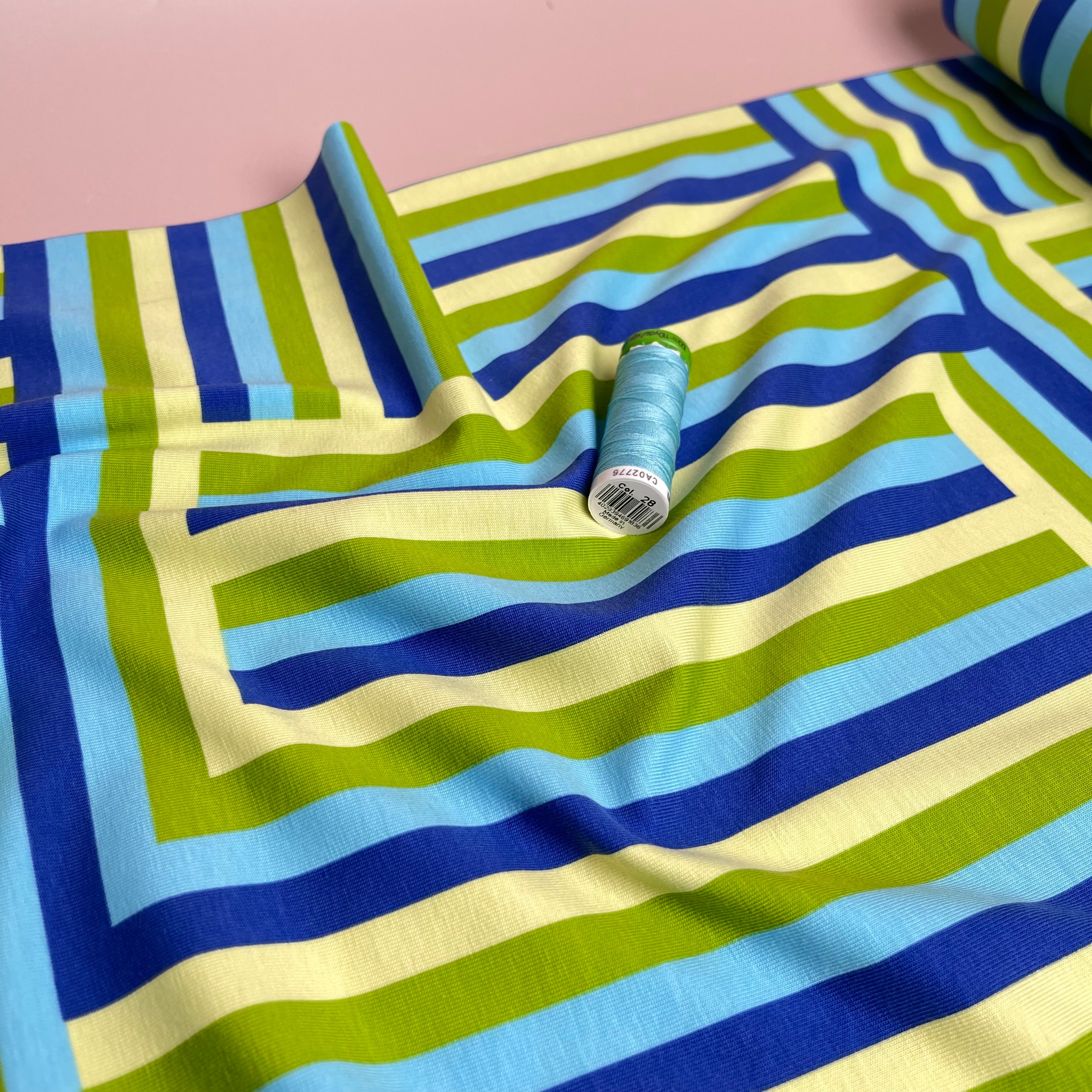 REMNANT 1.5 Metres - Rainbow Maze Turquoise Cotton Jersey Fabric