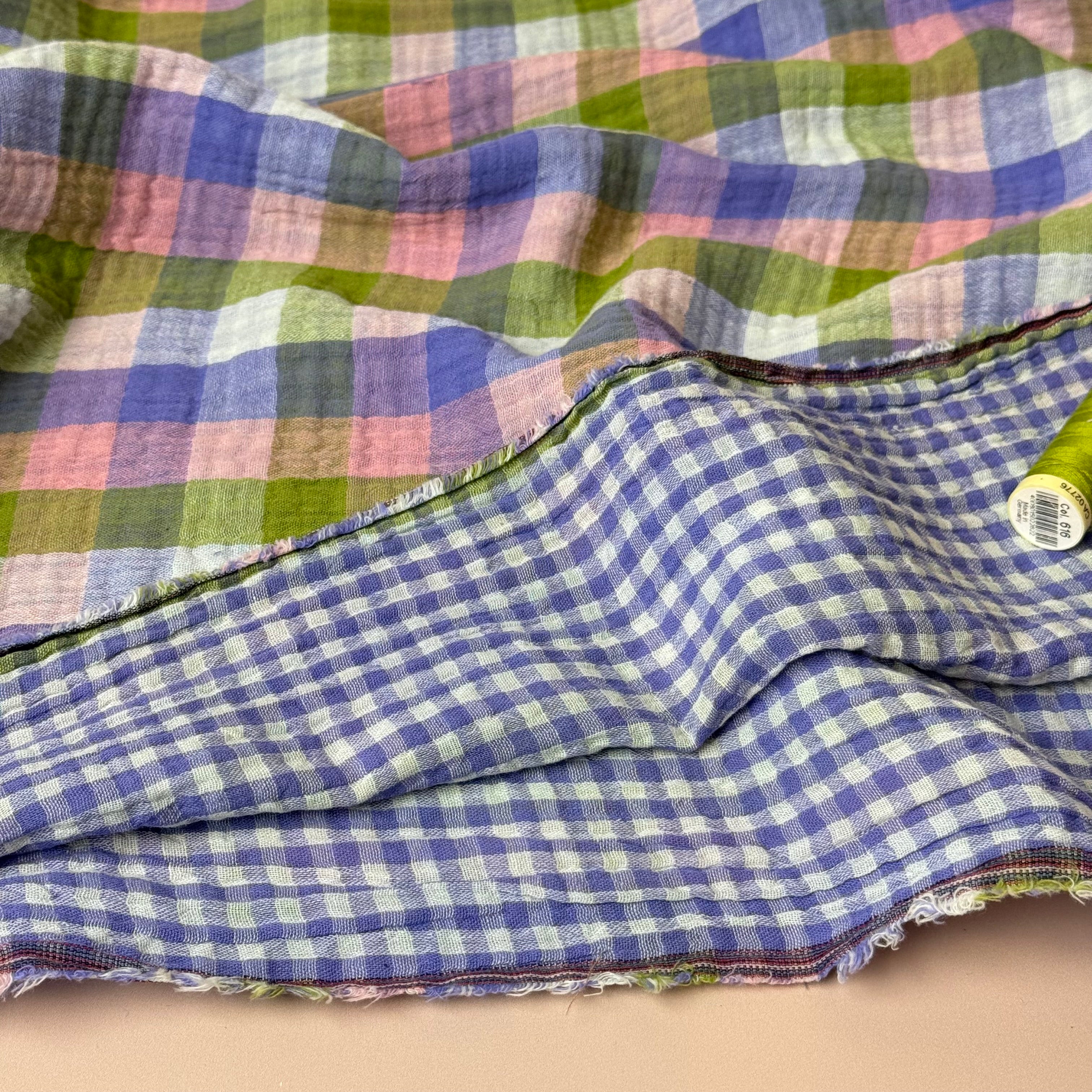Reversible Lilac & Green Checked Cotton Double Gauze