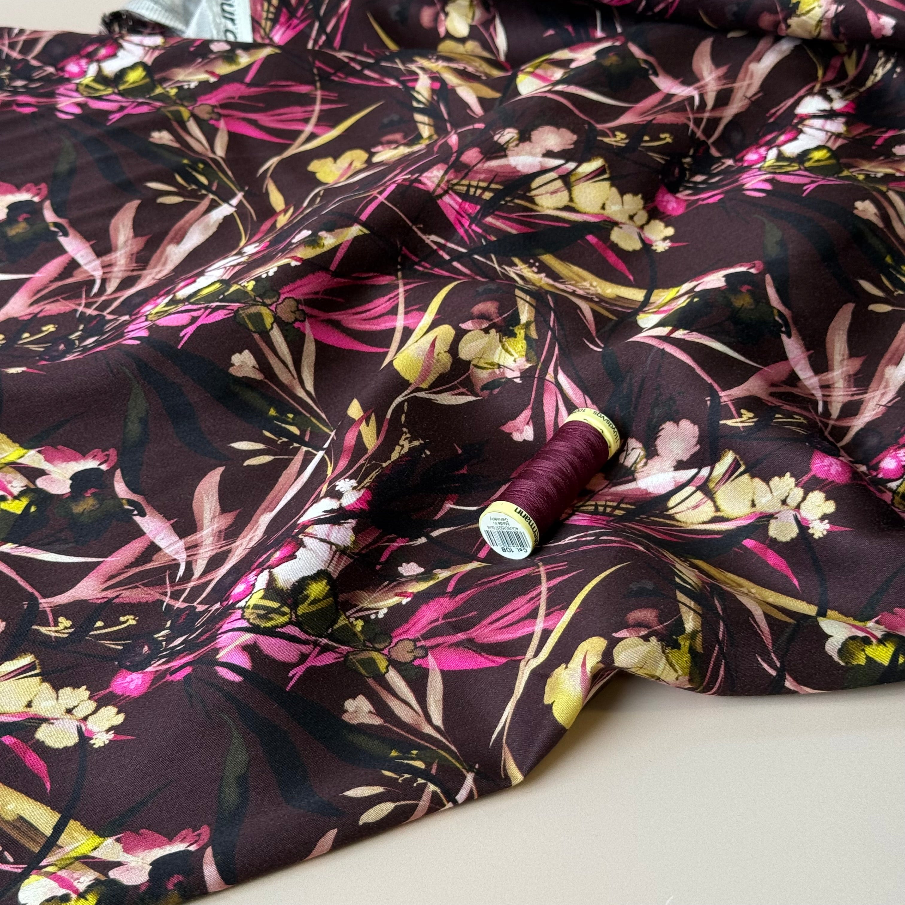 Autumn Foliage Aubergine Viscose Sateen Fabric