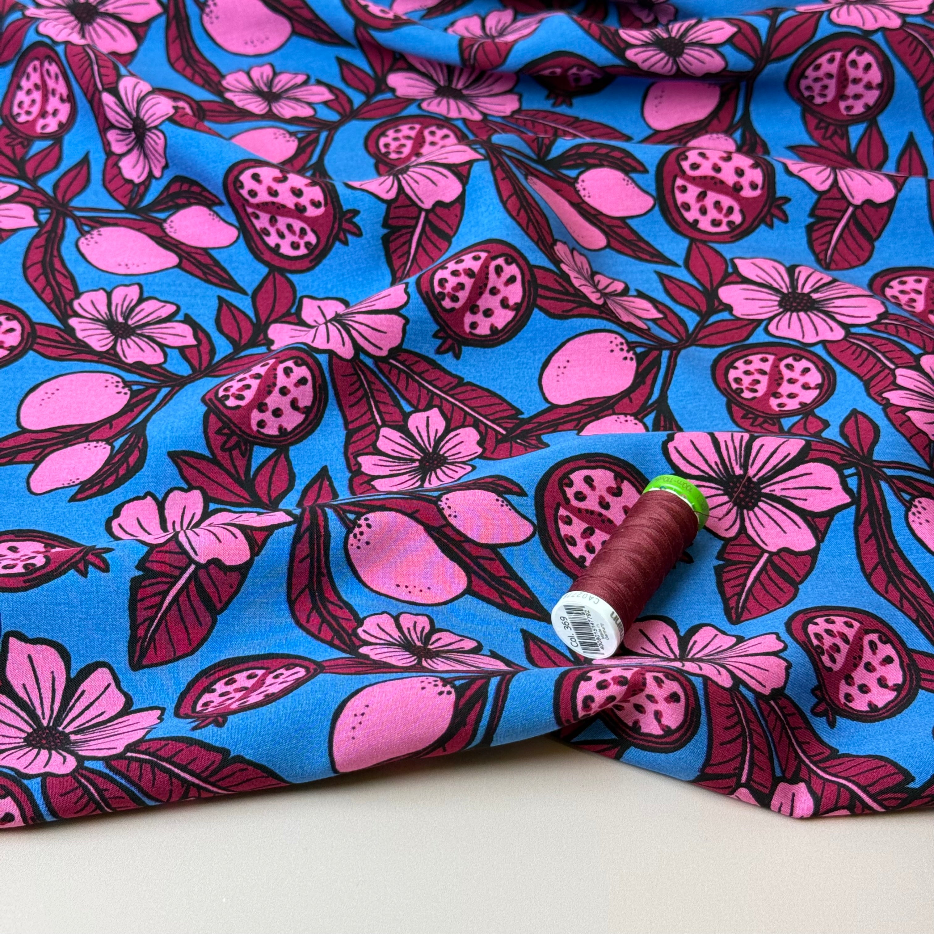 Pomegranates on Azure Blue Viscose Fabric