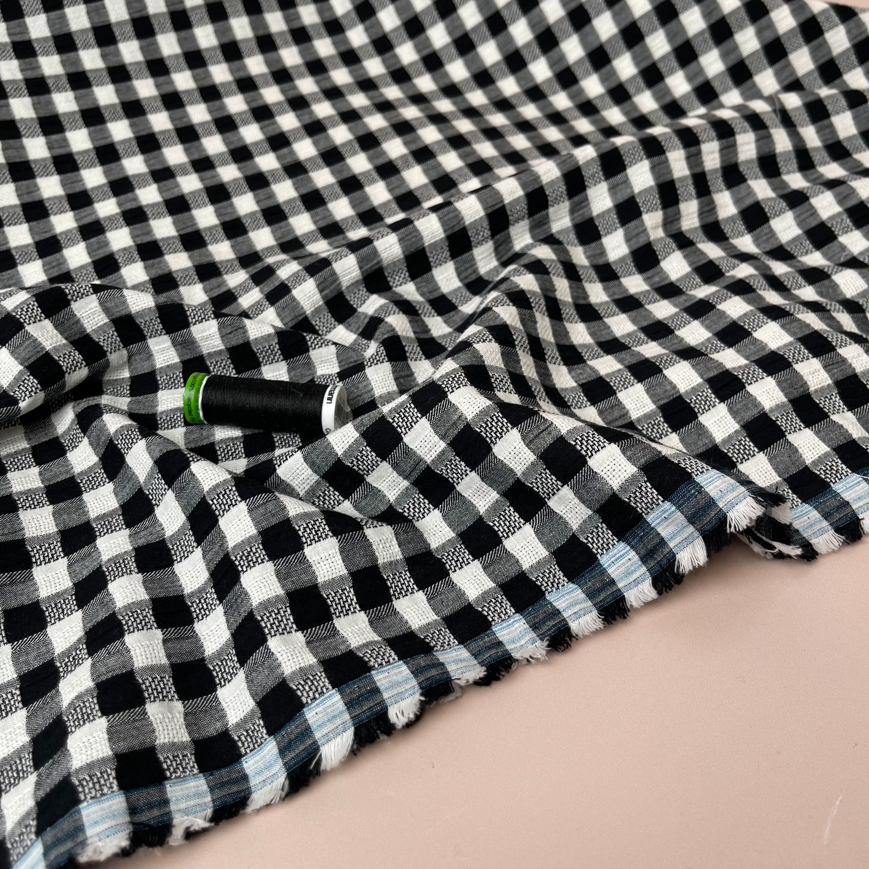 Black Gingham Cotton Seersucker Fabric
