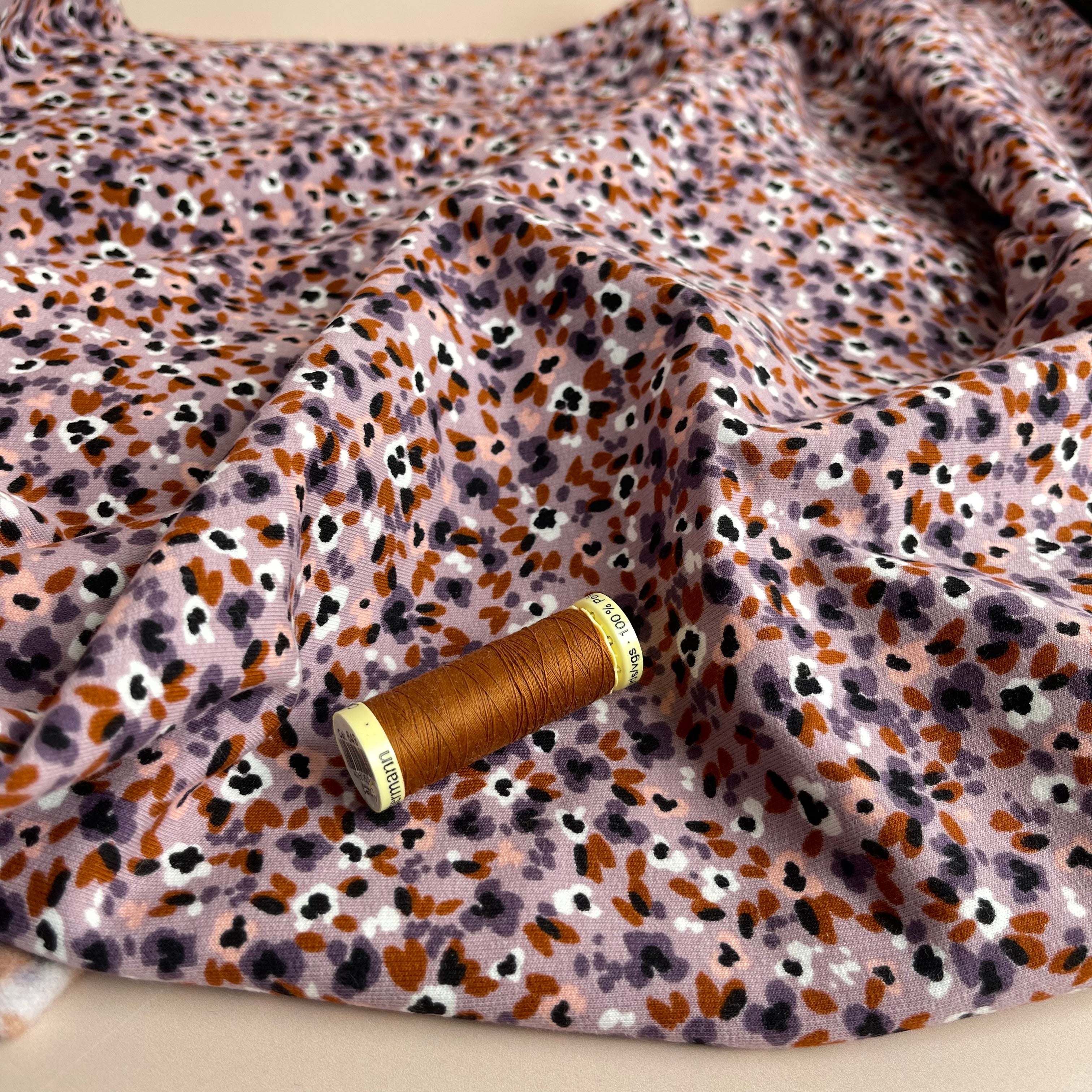 Abstract Flowers on Lilac Peach Soft Cotton Sweat-shirting Fabric