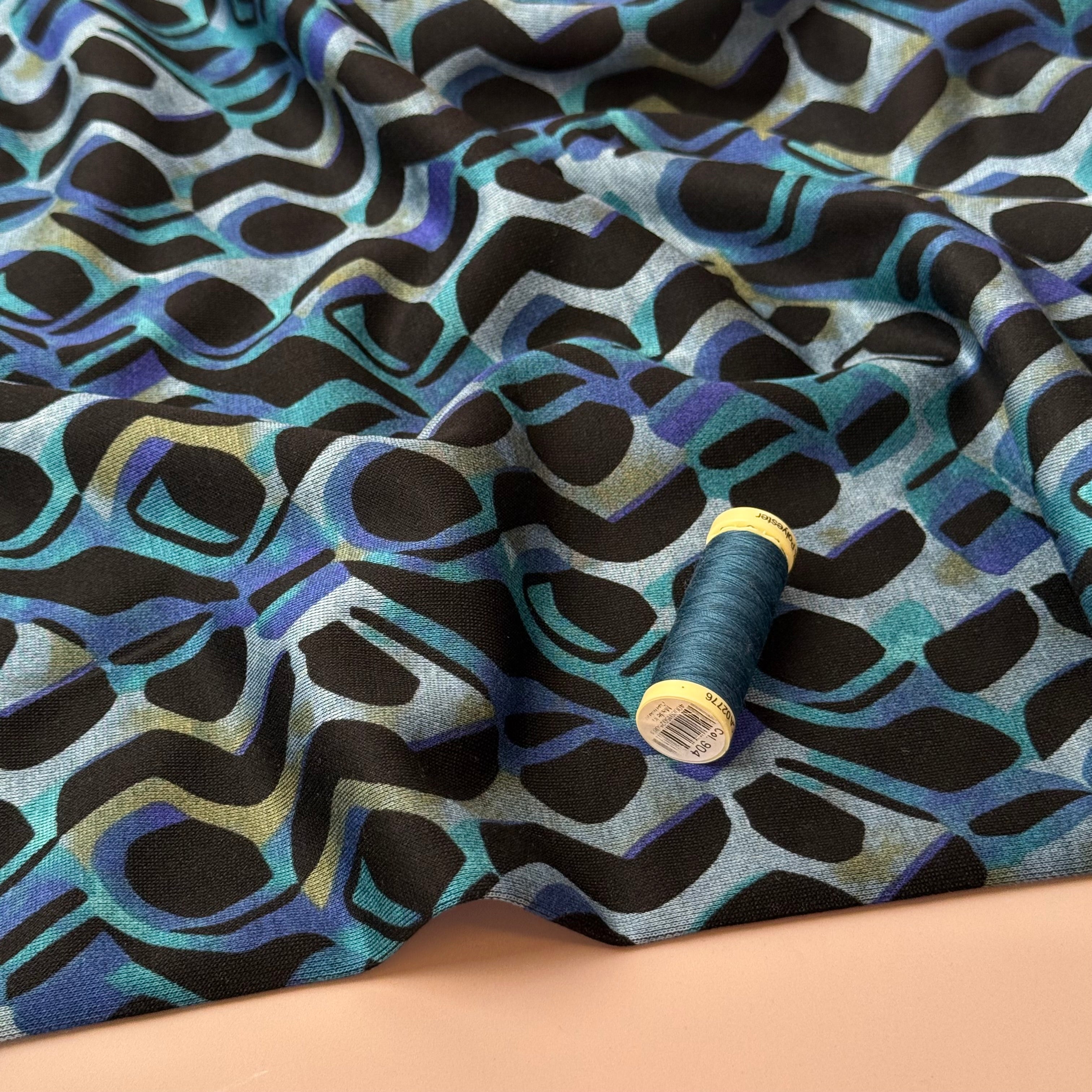 Graphic Swirls in Petrol Soft Ponte Interlock Jersey Fabric