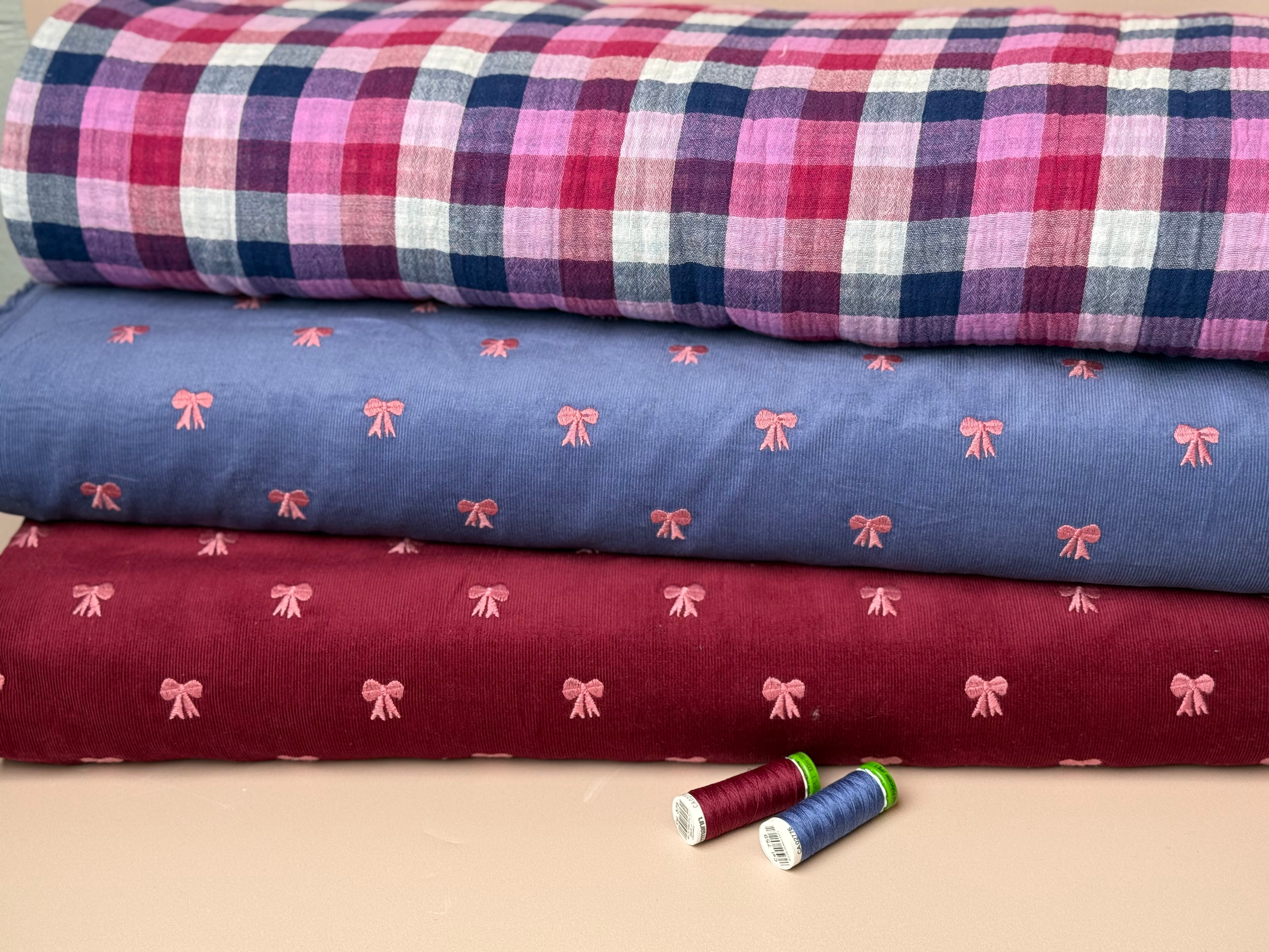 REMNANT 2.34 Metres - Embroidered Bows on Bordeaux Cotton Needlecord