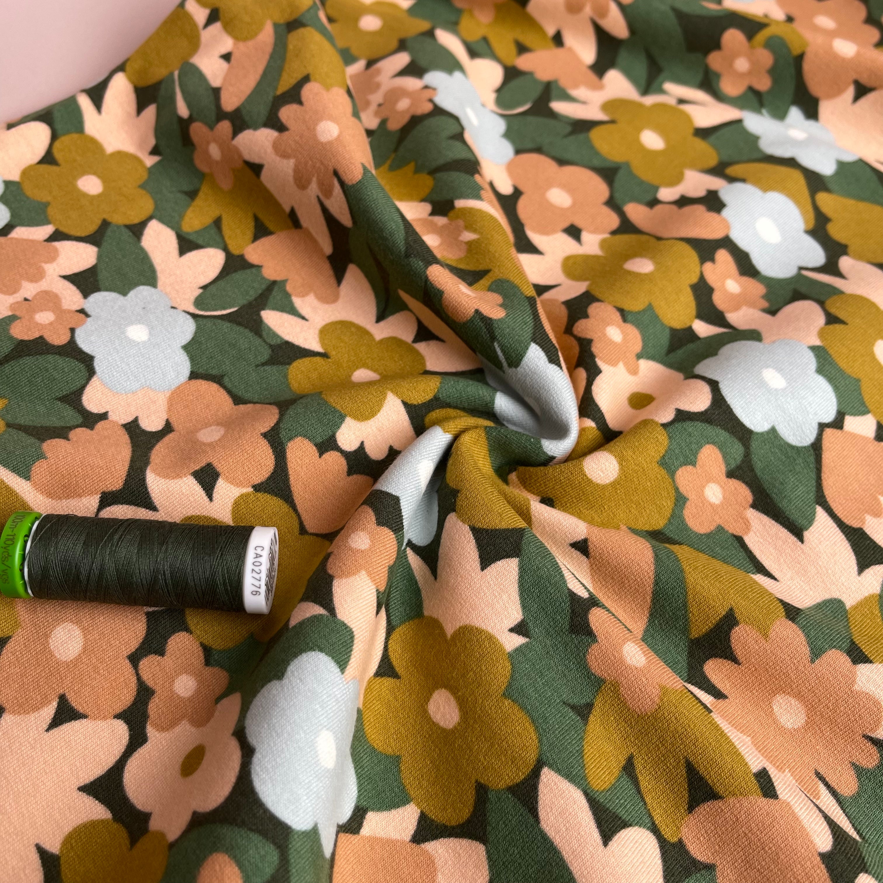 REMNANT 2 Metres - Graphic Meadow on Green Peach Soft Cotton Sweat-shirting Fabric