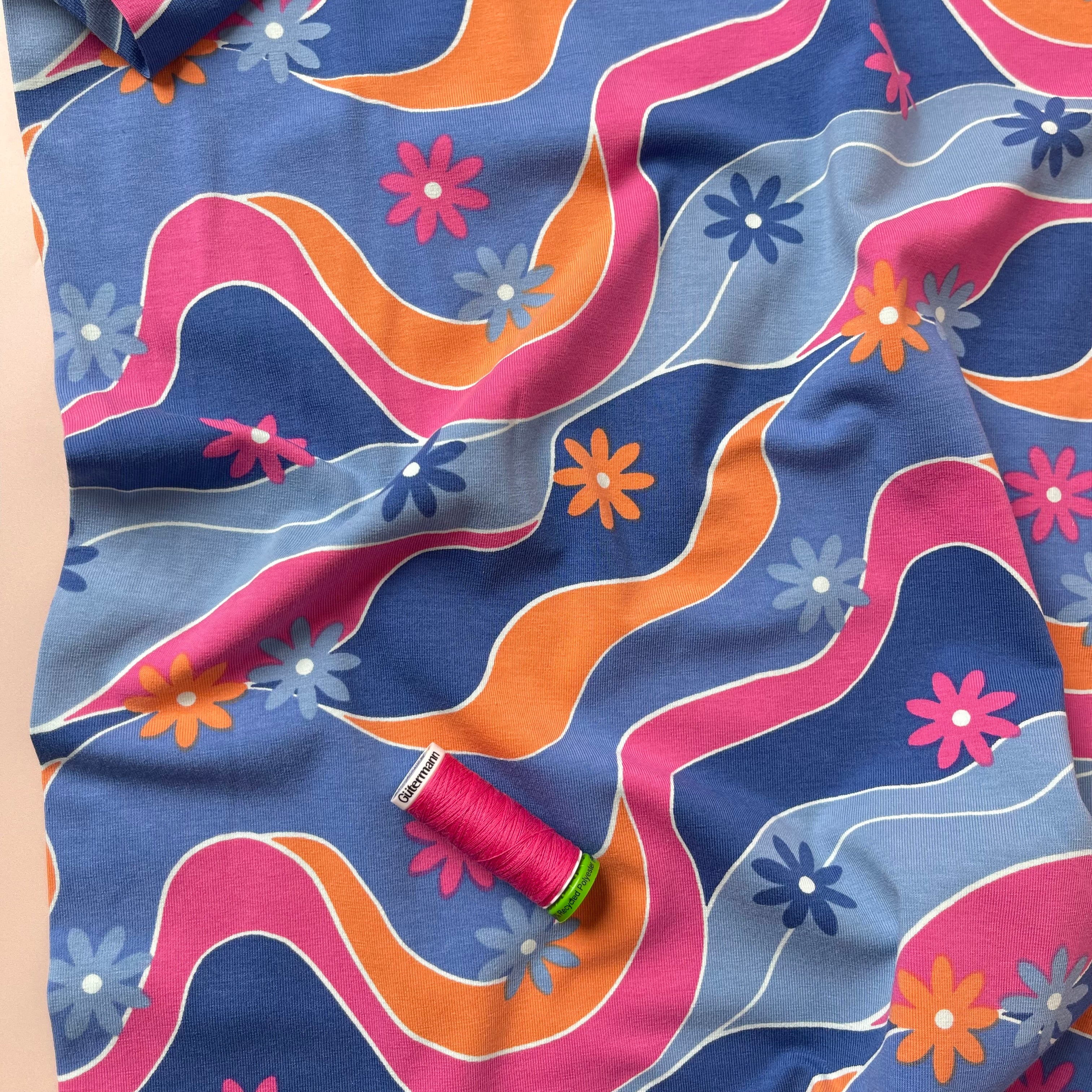 Retro Daisies on Blue Cotton Jersey Fabric