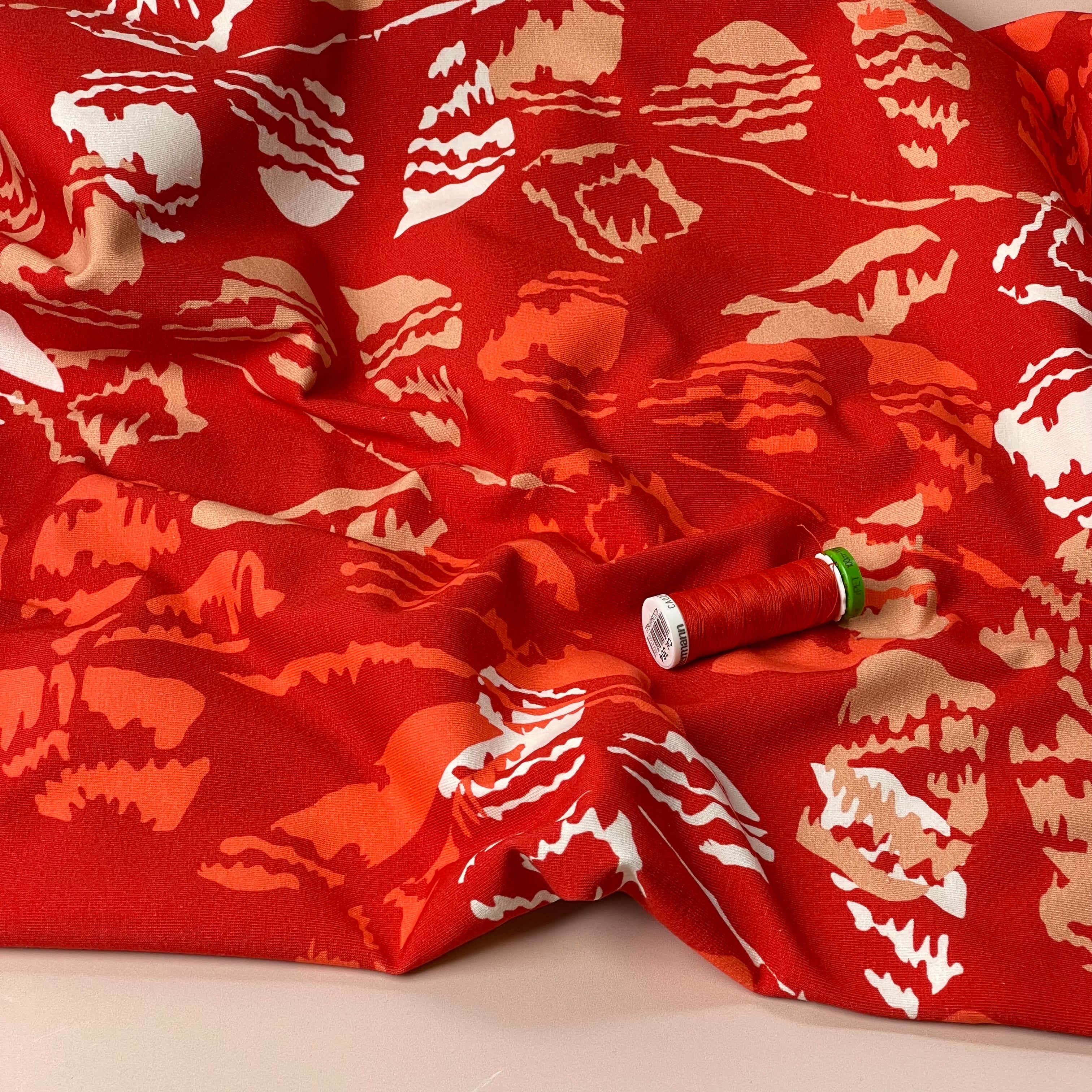 Danish Design - Flower Stamps on Red Cotton Jersey Fabric